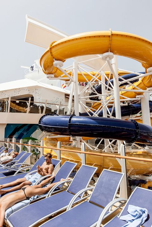 Sunbathing in the Pool and Sports Zone. This "neighborhood" stretches the length of the ship with four types of pools, two surf simulators, a zip line, and views of the Boardwalk and Central Park neighborhoods below.