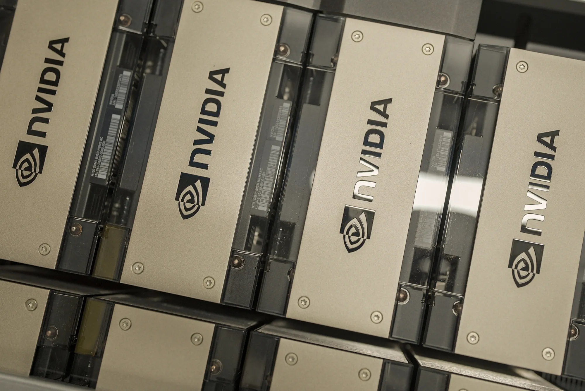 Nvidia H100 chips inside a server room.