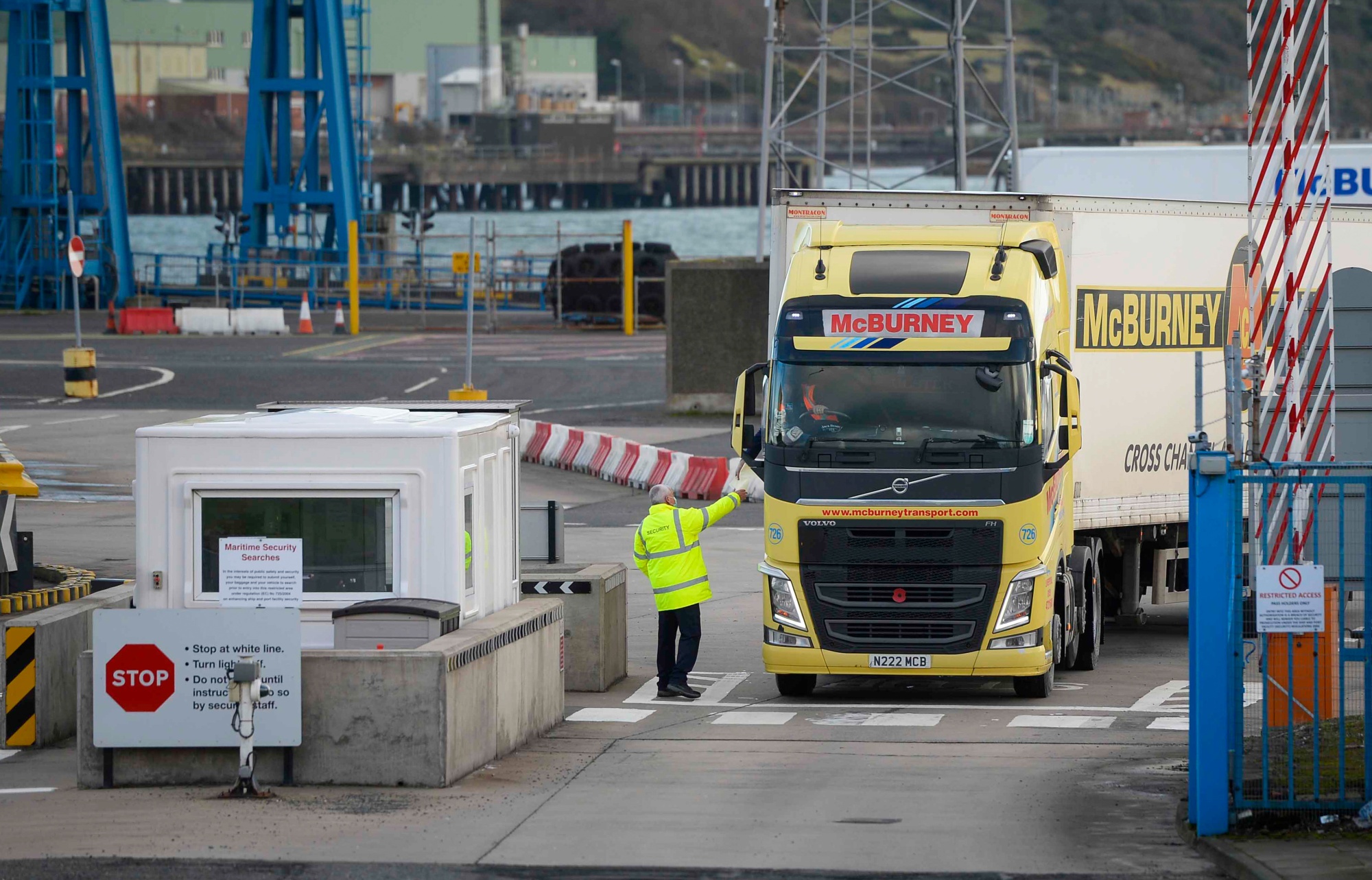 Trucks go through security at the Port of Larne in Northern Ireland.