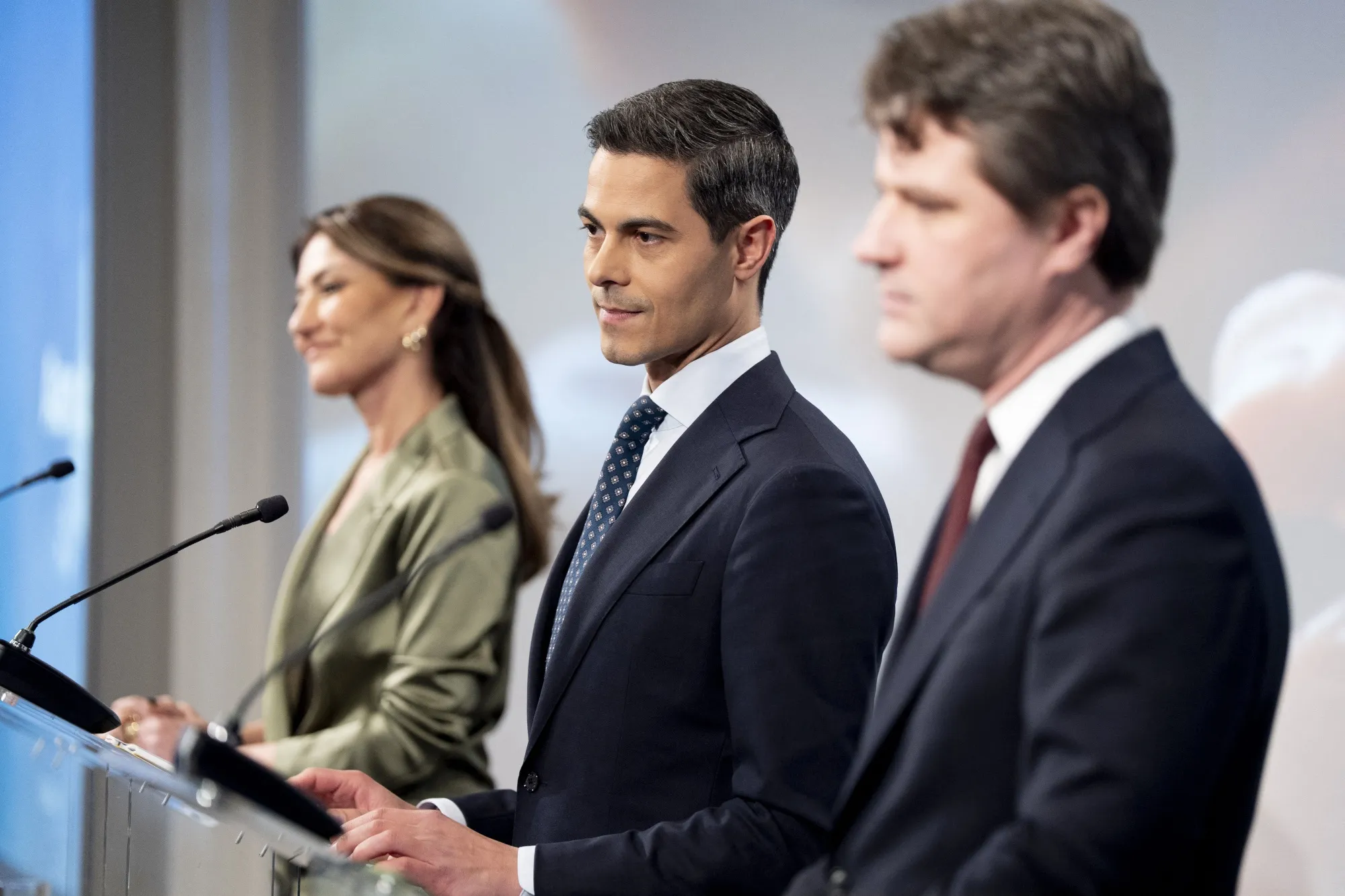 Netherlands' prime minister-designate&nbsp;Rob Jetten, center, gives a press conference with his coalition fellow leaders&nbsp;Henri Bontenbal, right, and&nbsp;Dilan Yesilgoz in&nbsp;The Hague.