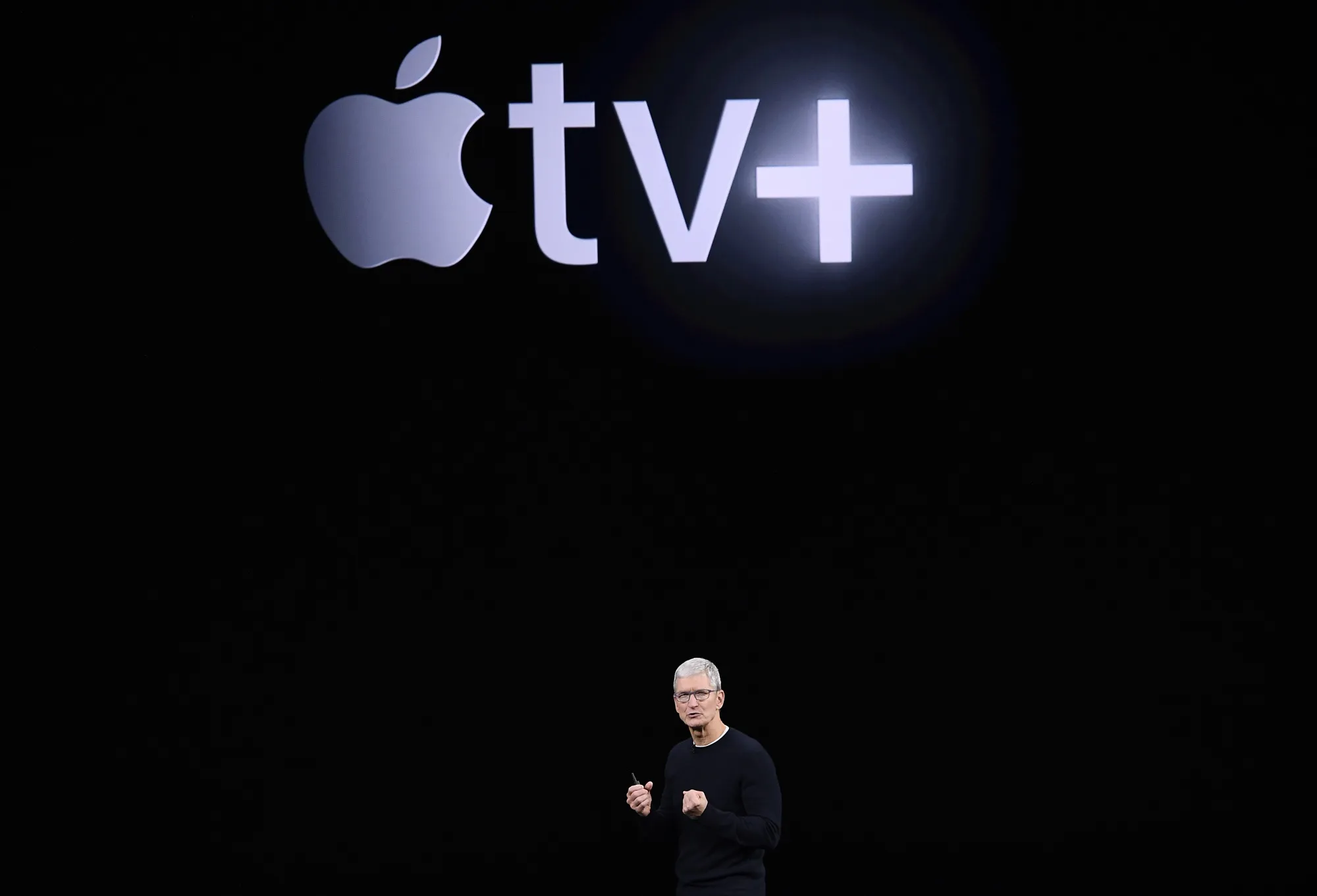 Tim Cook speaks about Apple tv+ during an event.