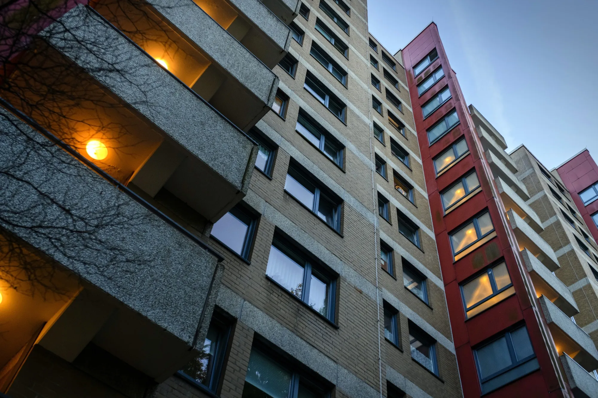 Communal lights on within a block of apartments in Hamburg, Germany
