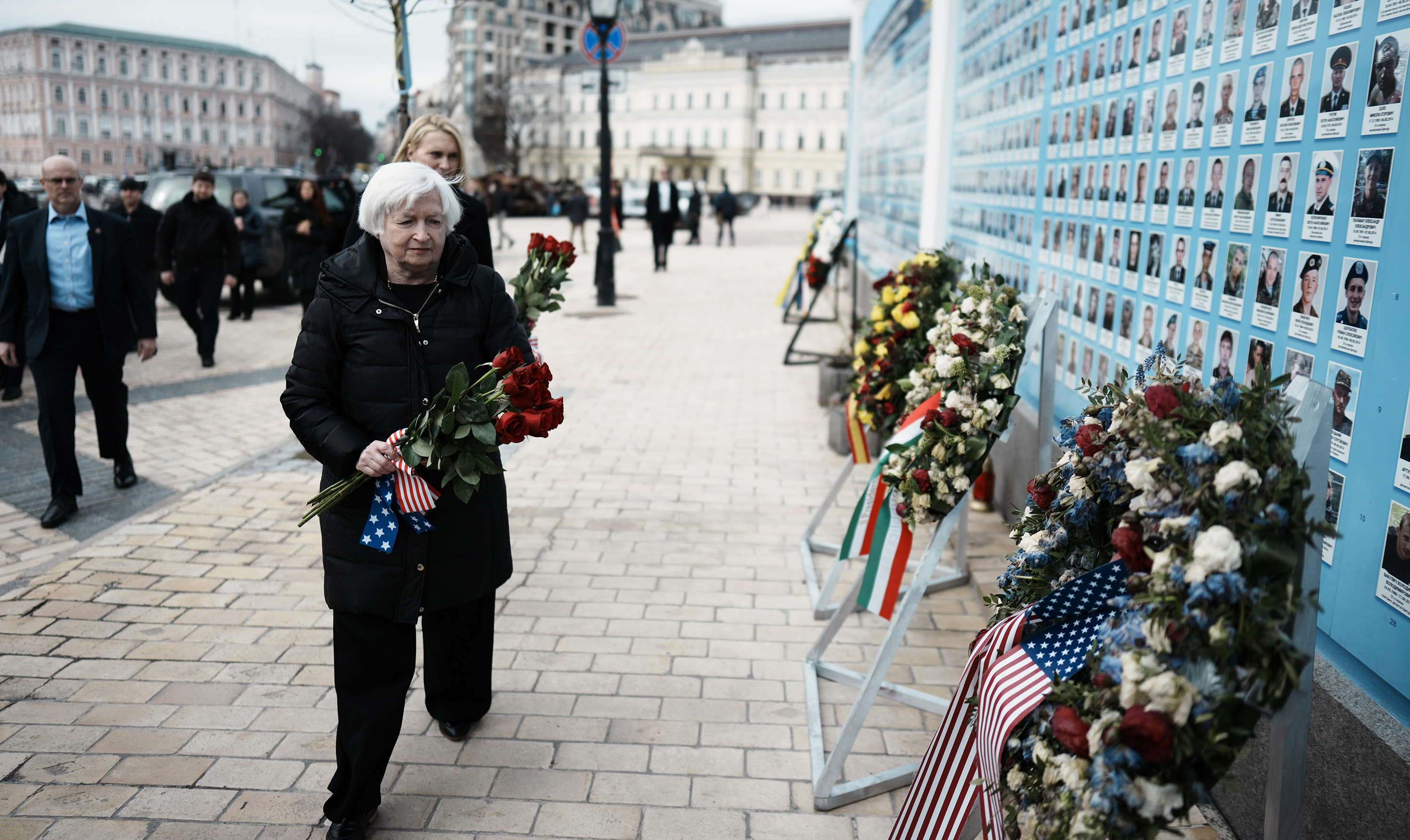 Janet Yellen&nbsp;at a&nbsp;memorial outside of St. Michael's Golden-Domed Cathedral, in Kyiv, on Feb. 27.