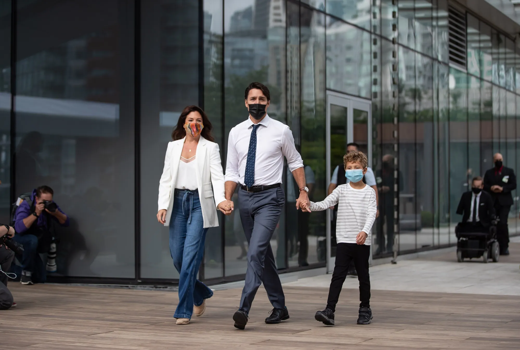 Justin Trudeau arrives at a Sept. 13 campaign stop in Vancouver with his wife and one of his three children.