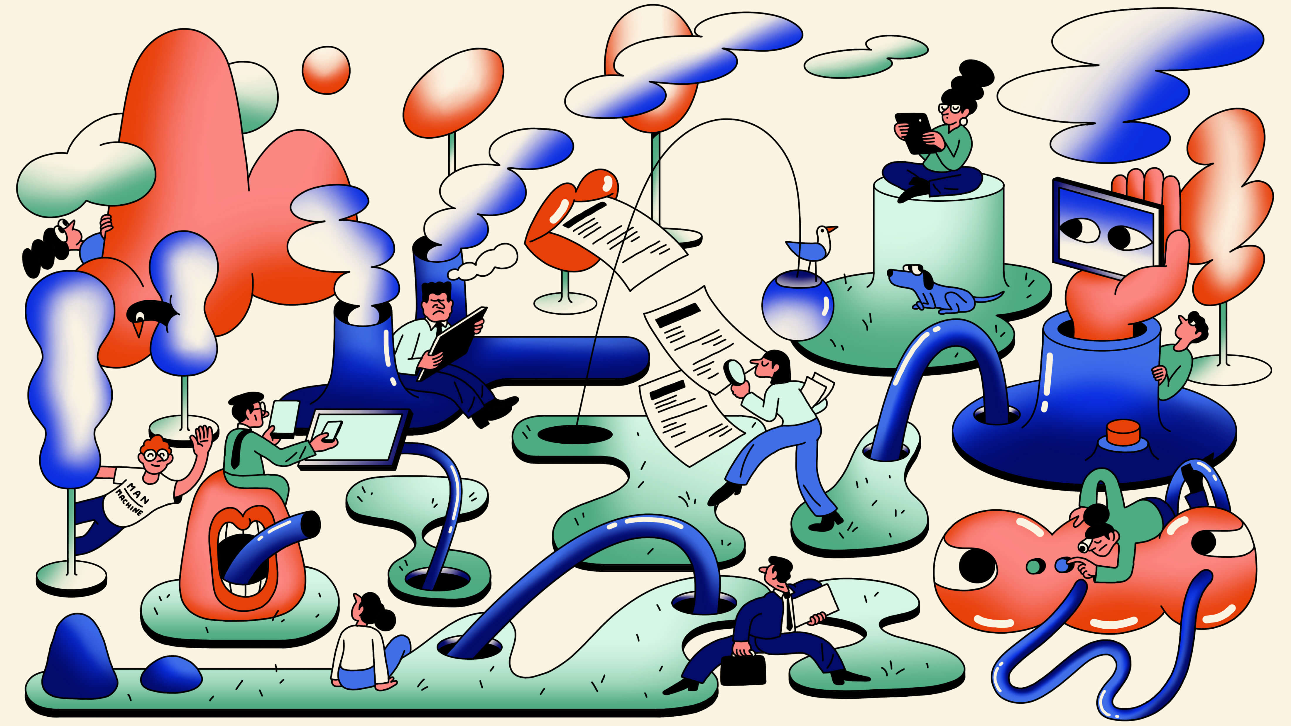 Illustration for Choose Your Own AI Future series: At the bottom center of the image, there is a business person dressed in a blue suit seen jumping between differing paths. Across the image, different pillars of AI and technology are represented as well as the six AI-dentities featured in the quiz.