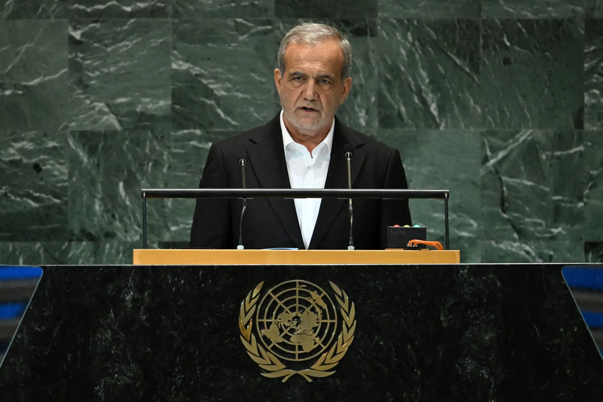 Masoud Pezeshkian speaks at the Summit of the Future on the sidelines of the UN General Assembly at United Nations headquarters in New York, on Sept. 23.