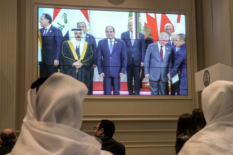 Abdel-Fattah El-Sisi, center, with Arab leaders during a summit outside Cairo on March 4.