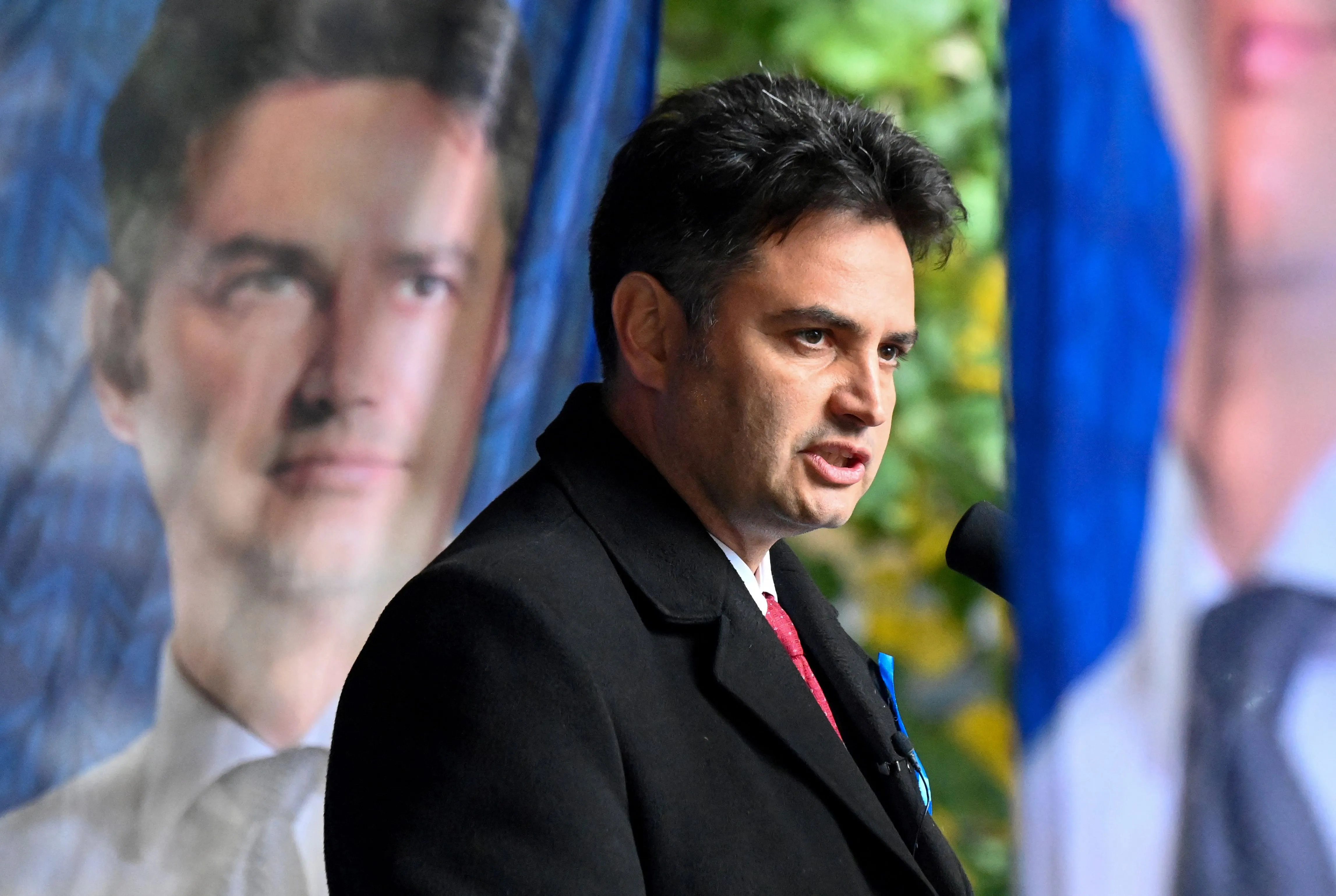 Mayor of Hodmezovasarhely and opposition candidate for prime minister, Peter Marki-Zay addresses participants during a campaign rally.