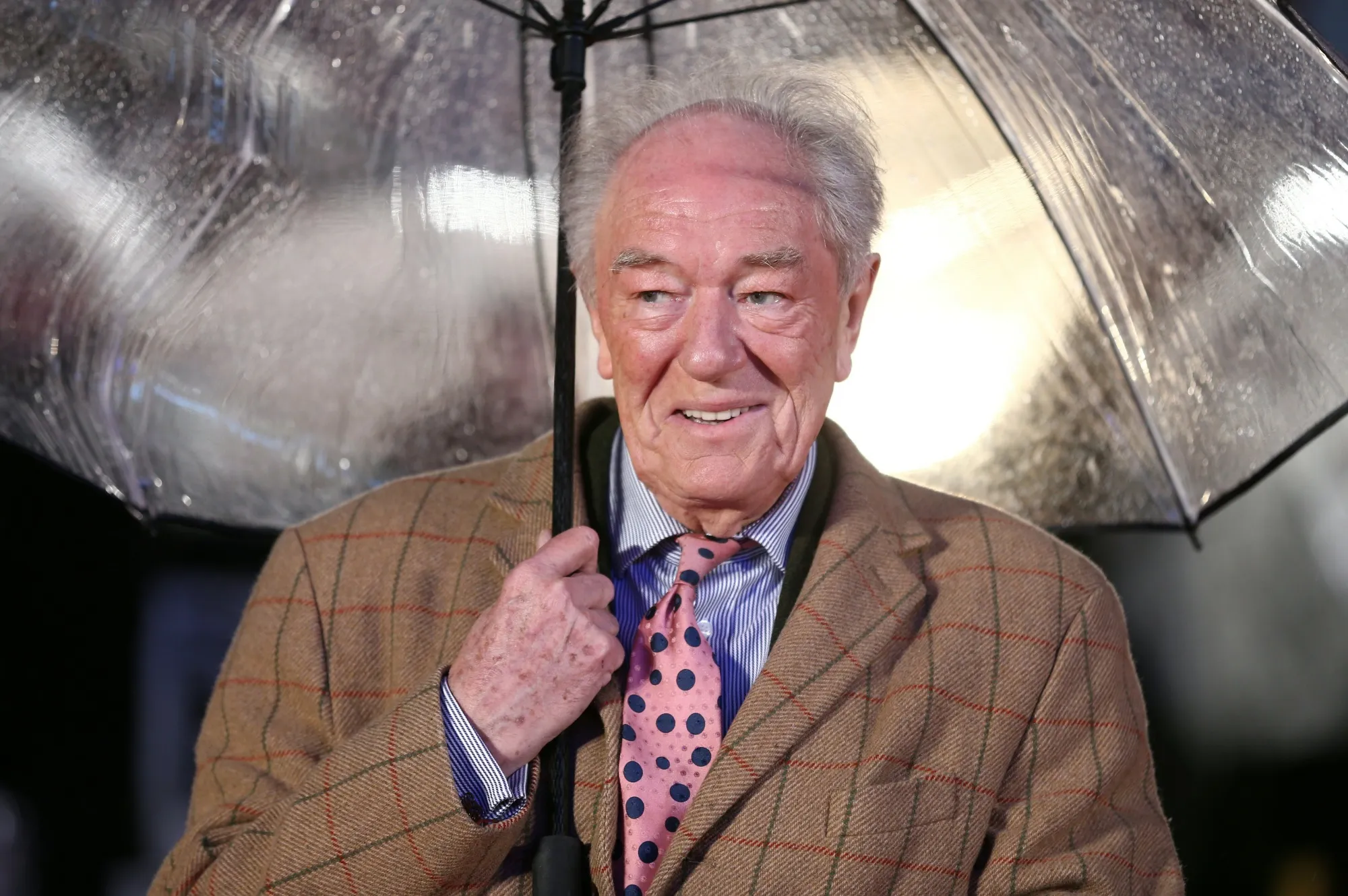 British actor Michael Gambon shelters from the rain as he arrives for the world premiere of the film Dads Army in London on January 26, 2016. / AFP / JUSTIN TALLIS (Photo credit should read JUSTIN TALLIS/AFP via Getty Images)