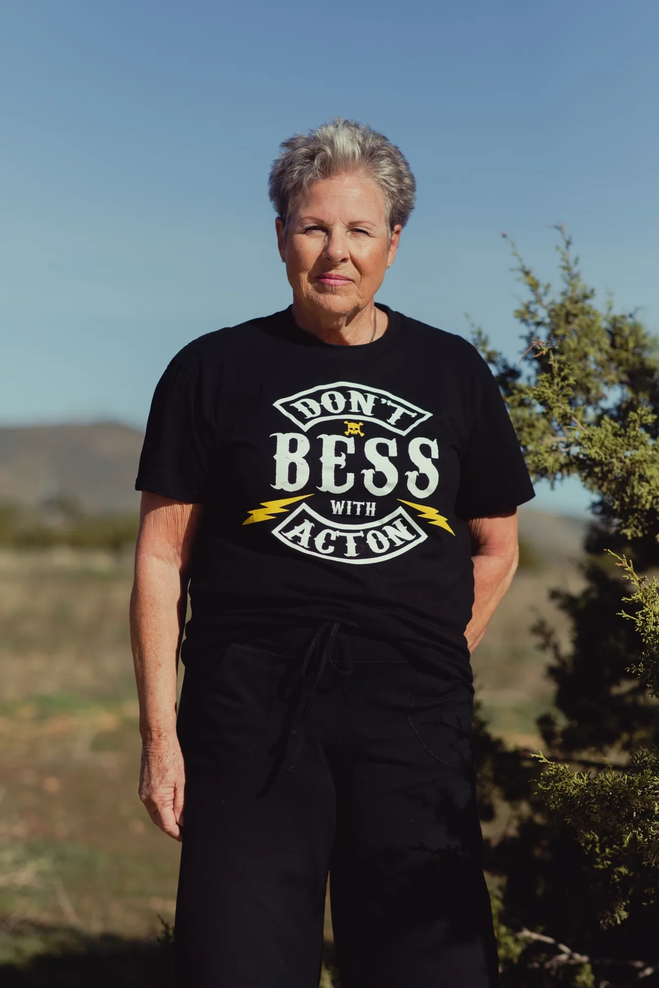Ruthie Brock, of Acton Takes Action, near the site of a proposed 1,150-megawatt Prairie Song battery project in Acton, California.