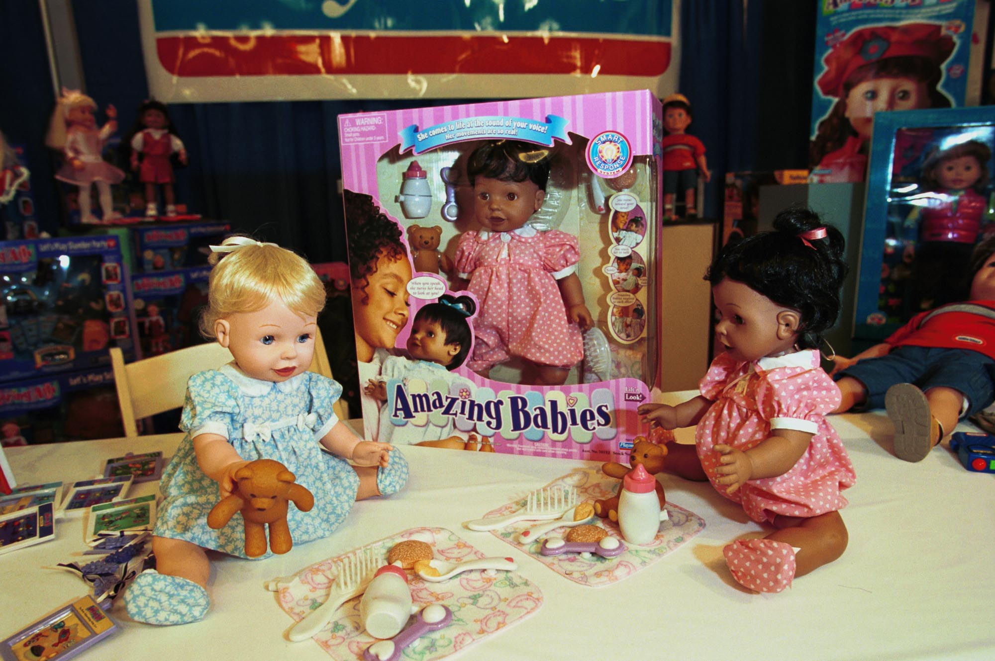 Playmates Amazing Babies, which respond to voice commands,  sit on display at PlayDate 2000, held in the Metropolitan Pavilion in New York City on October 17, 2000.  The event is held in order to spotlight the hottest toys and games for the holiday season.