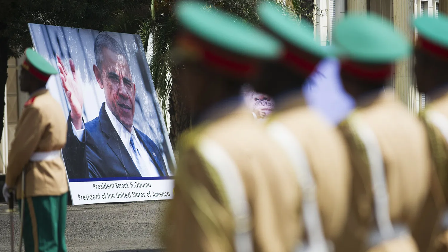 An Ethiopian honour guard stands at attention during a welcoming ceremony for visiting US President Barack Obama at the National Palace in Addis Ababa on July 27, 2015.
