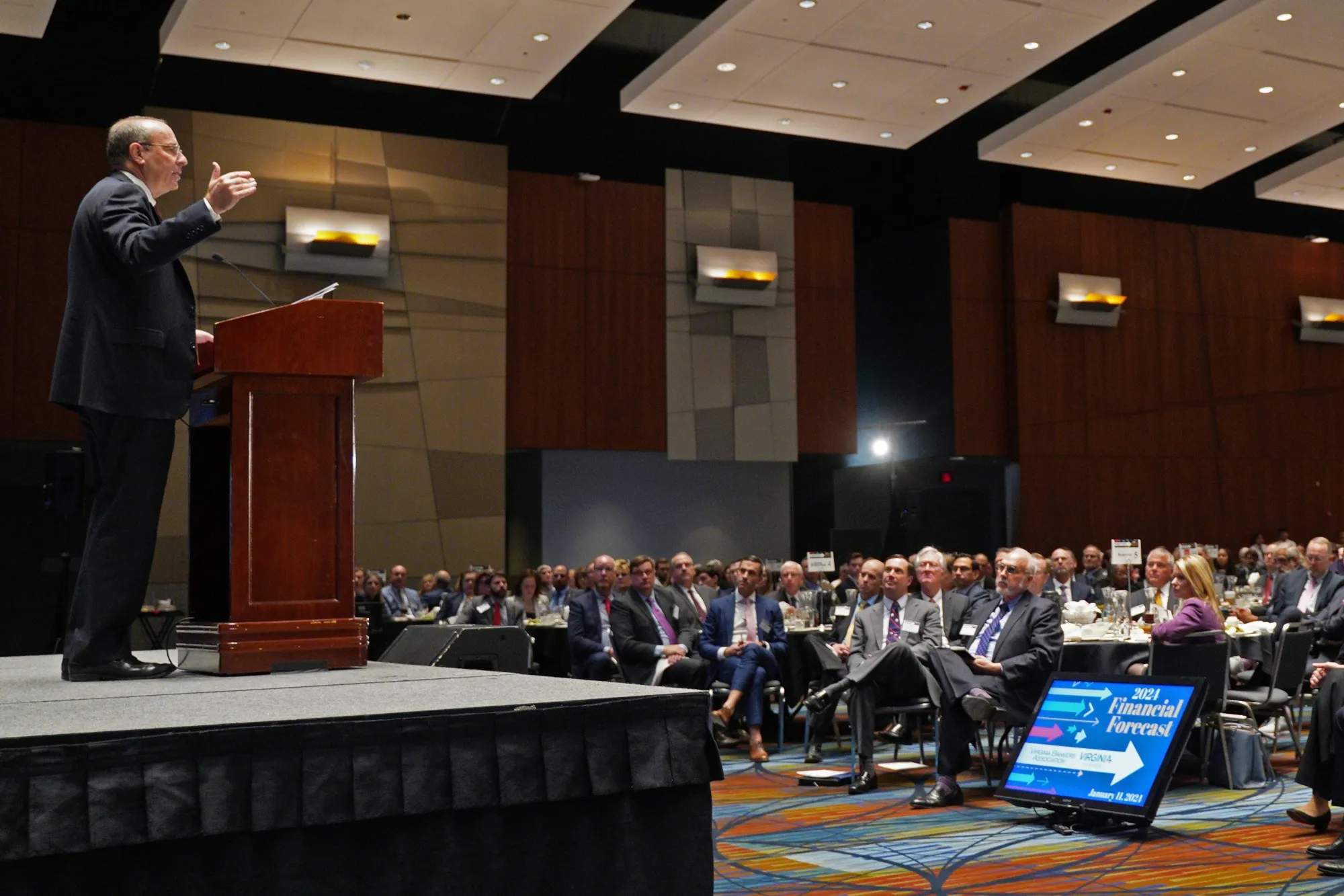 Thomas Barkin, president of the Federal Reserve Bank of Richmond, left, during a Virginia Bankers Association and the Virginia Chamber of Commerce event in Richmond, Virginia, US, on Thursday, Jan. 11, 2024. Barkin last week said the central bank can lower interest rates as the economy normalizes and confidence grows about the downward path of inflation.