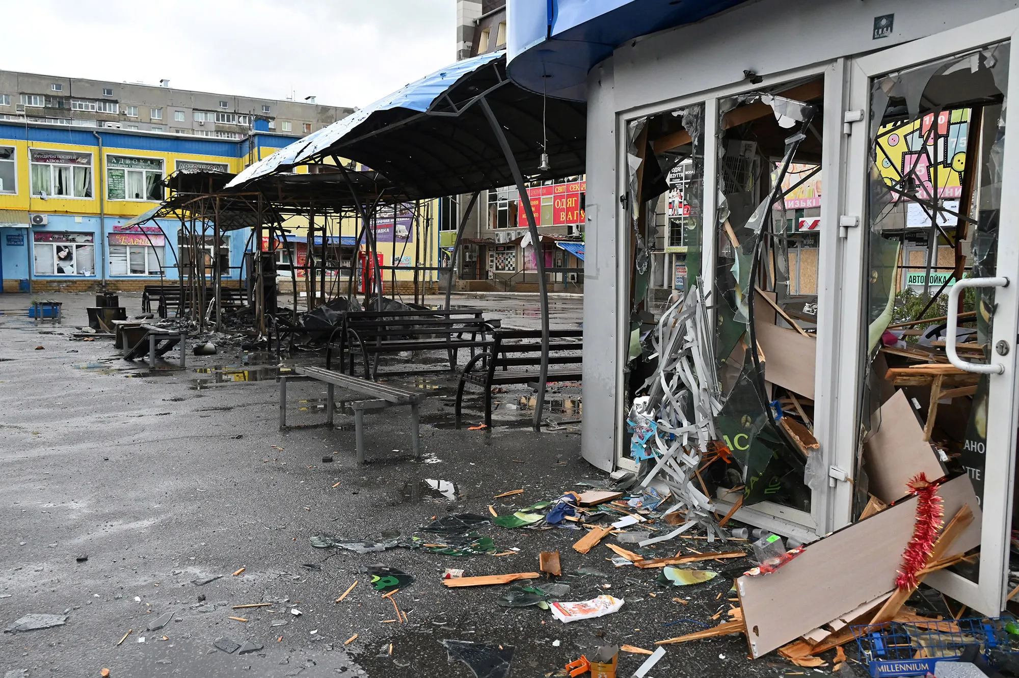 Destroyed shopping pavilions at a bus station in the town of Chuhuiv, Jun 24.&nbsp;