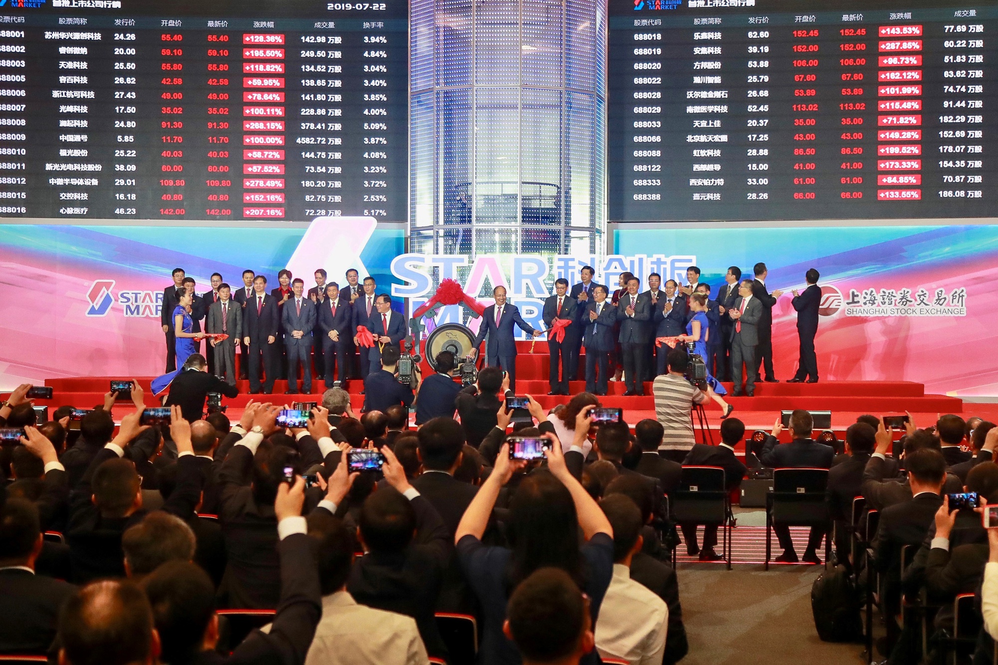 People take photos during an opening ceremony of the Shanghai Stock Exchange's&nbsp;new Star Market on July 22.