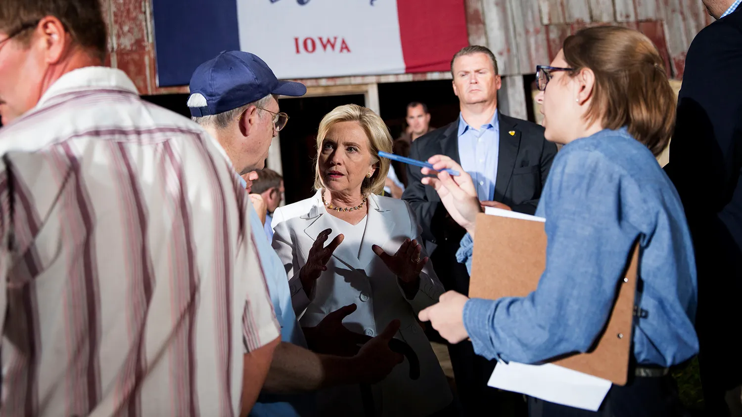 Hillary Clinton speaks to attendees during an organizing event in Baldwin, Iowa, on Aug. 26, 2015.

