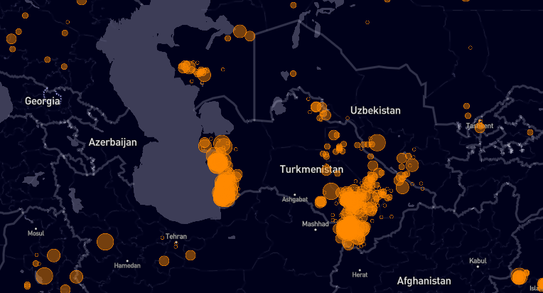 Methane emissions detected by satellite over Turkmenistan from 2019 to the present.