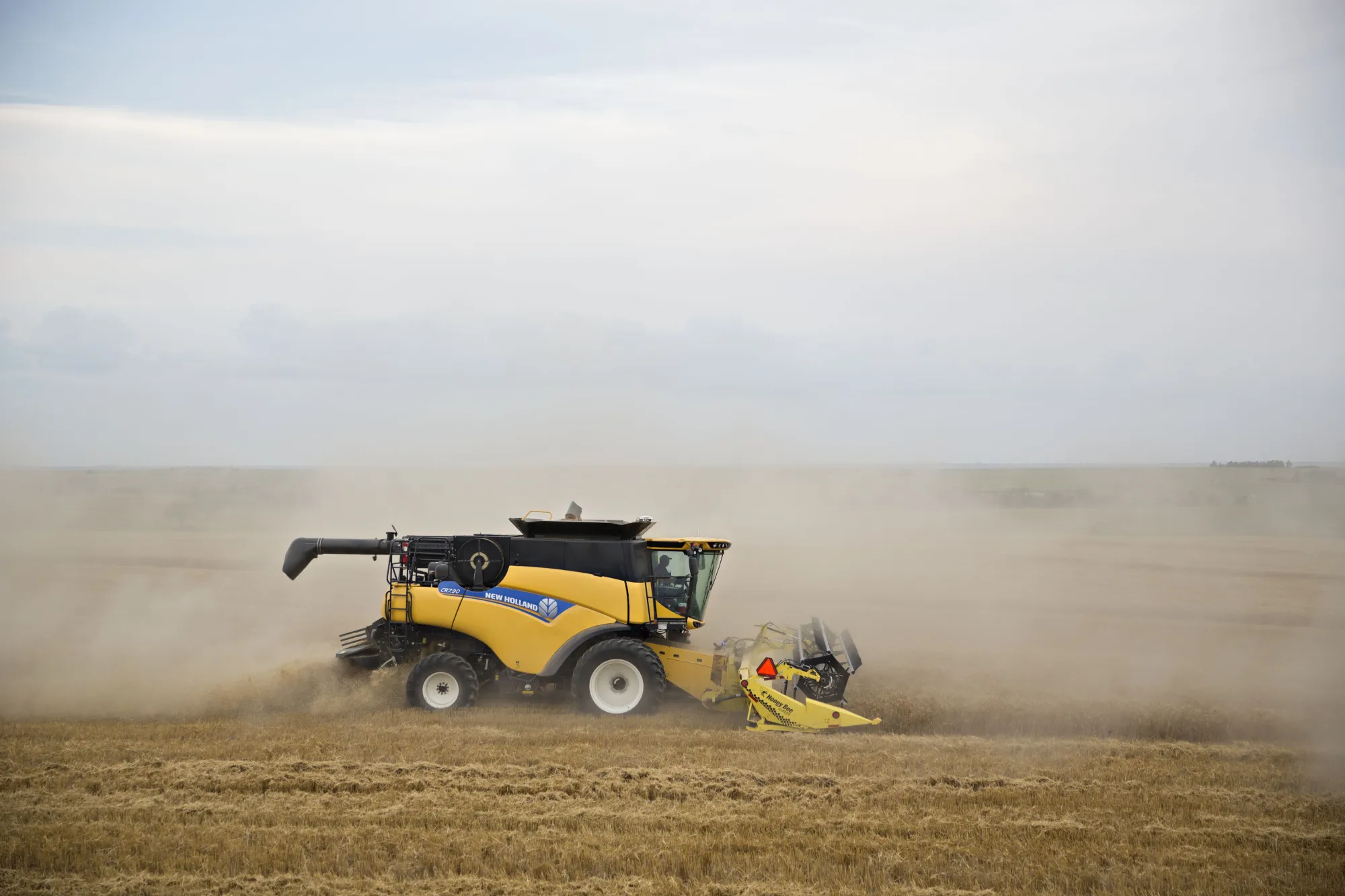 Winter wheat is harvested with a CNH Industrial New Holland combine harvester in Zurich, Kansas.