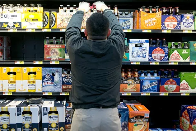 A beer-filled cooler at a Walmart in Alexandria, Va.