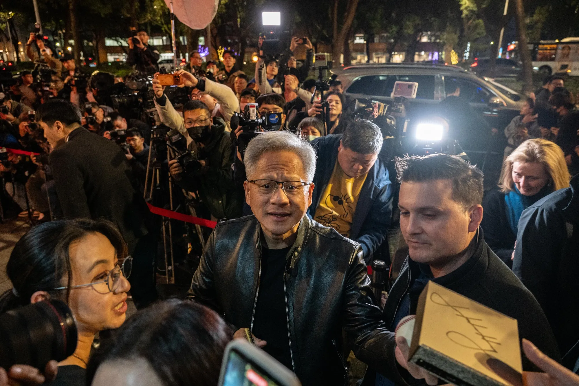 Jensen Huang&nbsp;arrives for a dinner event with the company’s Taiwanese suppliers in Taipei.