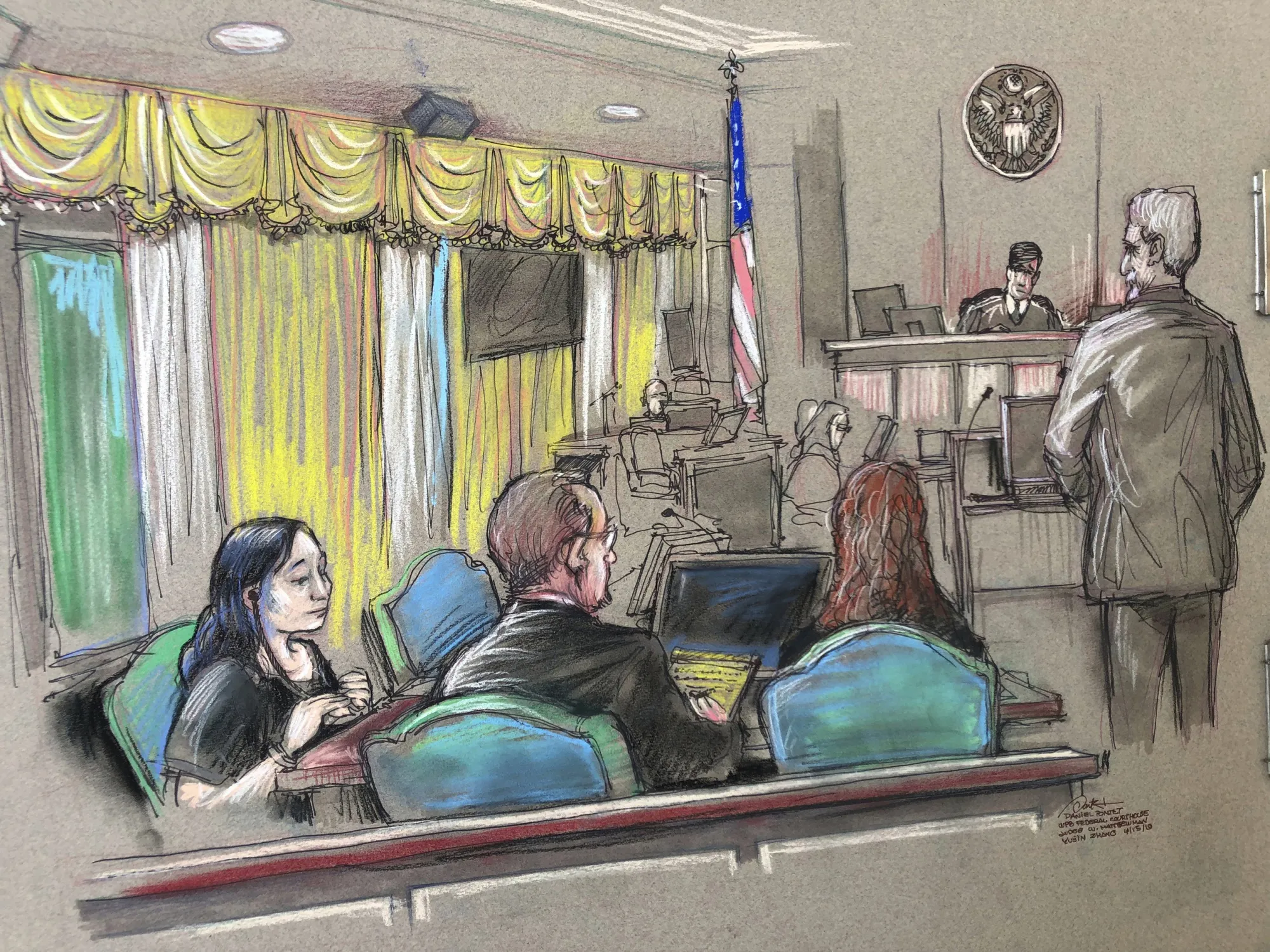A court sketch shows Yujing Zhang, left, at a hearing in West Palm Beach, Florida, on April 15.
