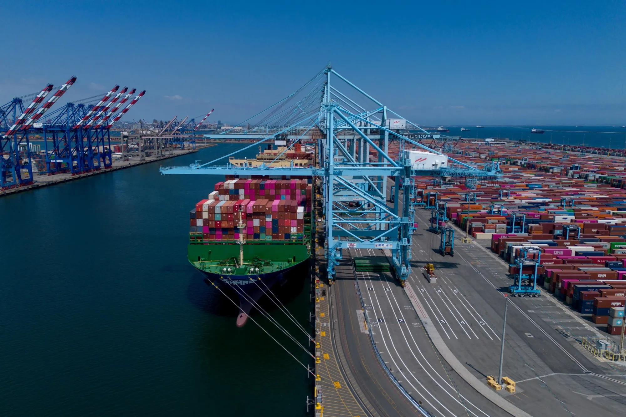 A container ship docked at the Port of Los Angeles&nbsp;on April 28.&nbsp;