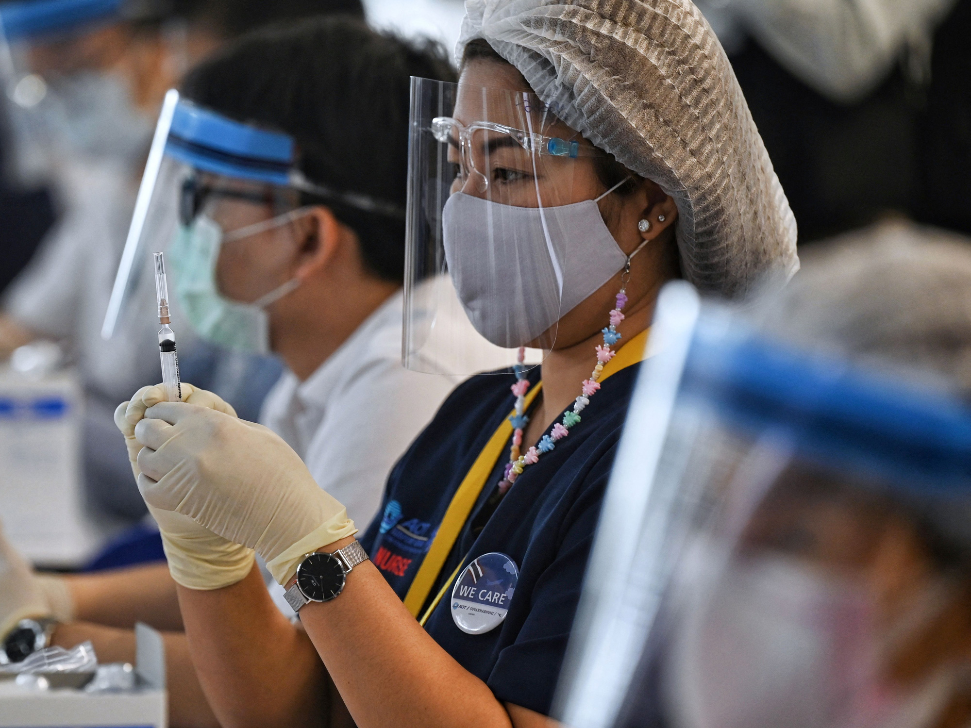 Medical personnel prepare to vaccinate staff at Bangkok’s Suvarnabhumi International Airport.