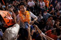 Pita Limjaroenrat, leader of the Move Forward Party, greets supporters in Bangkok, Thailand, on Saturday, April 22, 2023.