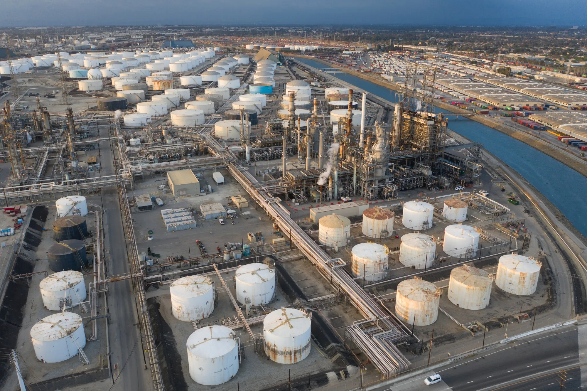 Above ground petroleum storage tanks and distillation towers at the Marathon Petroleum Corp. Los Angeles Refinery in Wilmington, California.