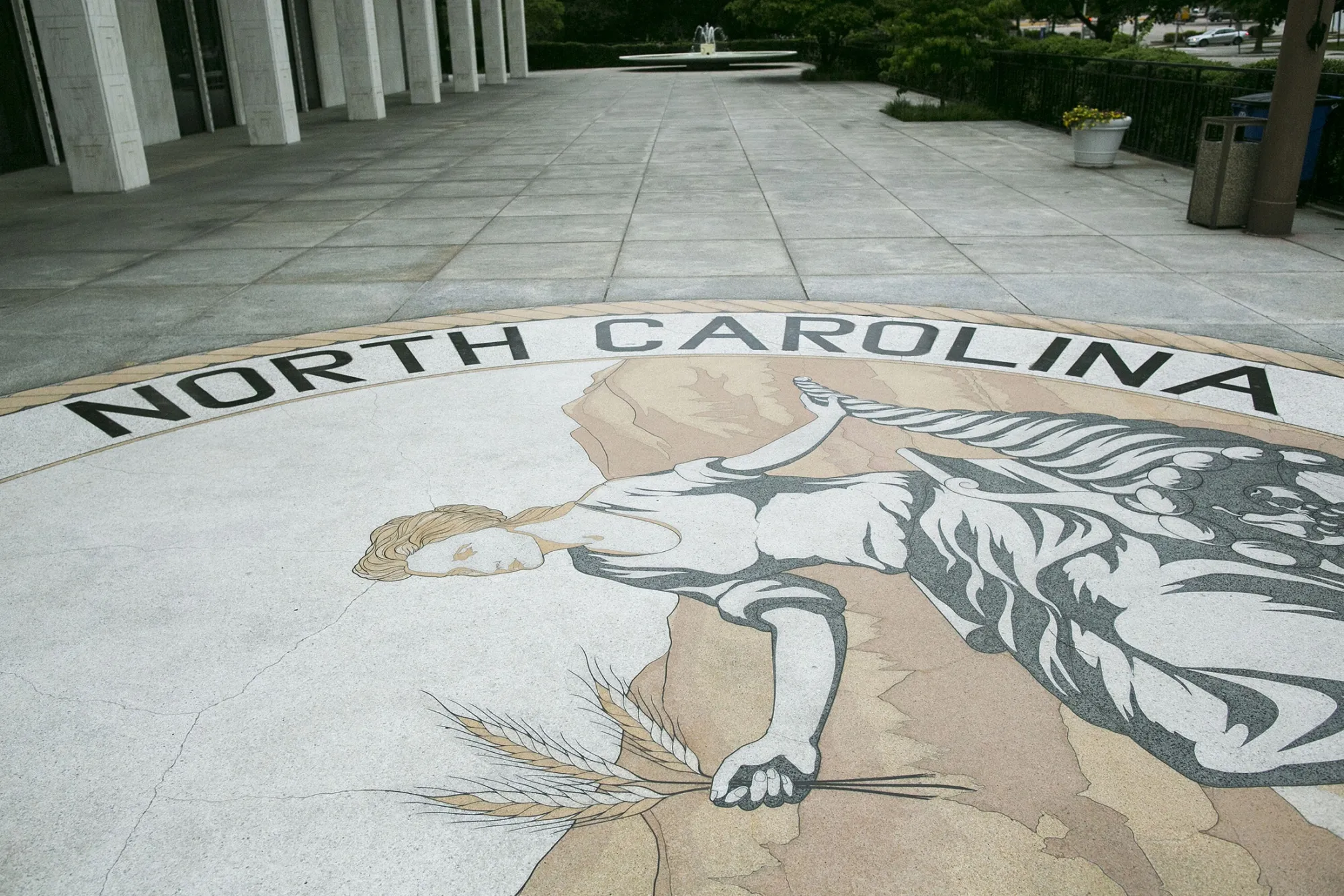 The great seal of North Carolina is seen outside the state legislature building in Raleigh.