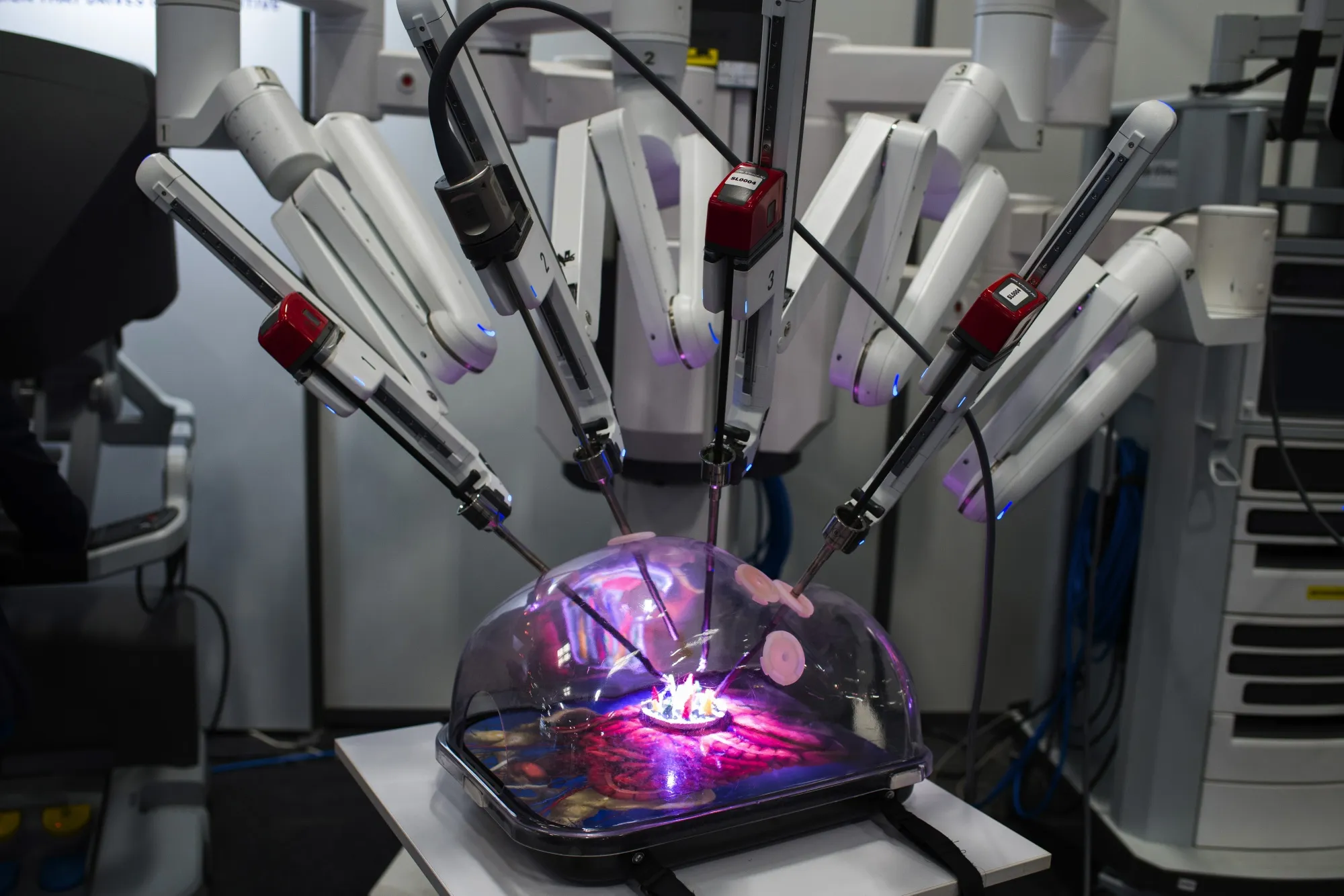 A surgical robot, manufactured by Intuitive Surgical Inc.