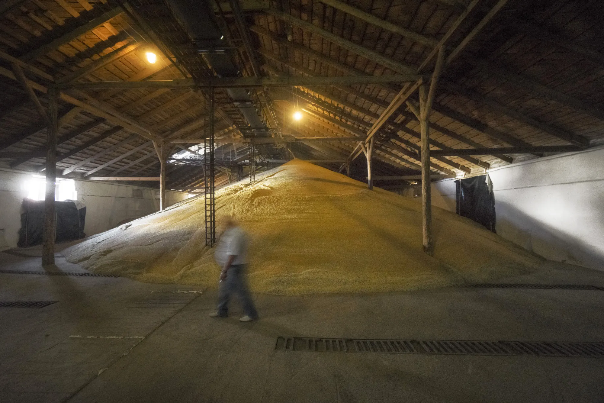 A farm worker walks past a store of wheat grain in a storage silo in Chernihiv, Ukraine.