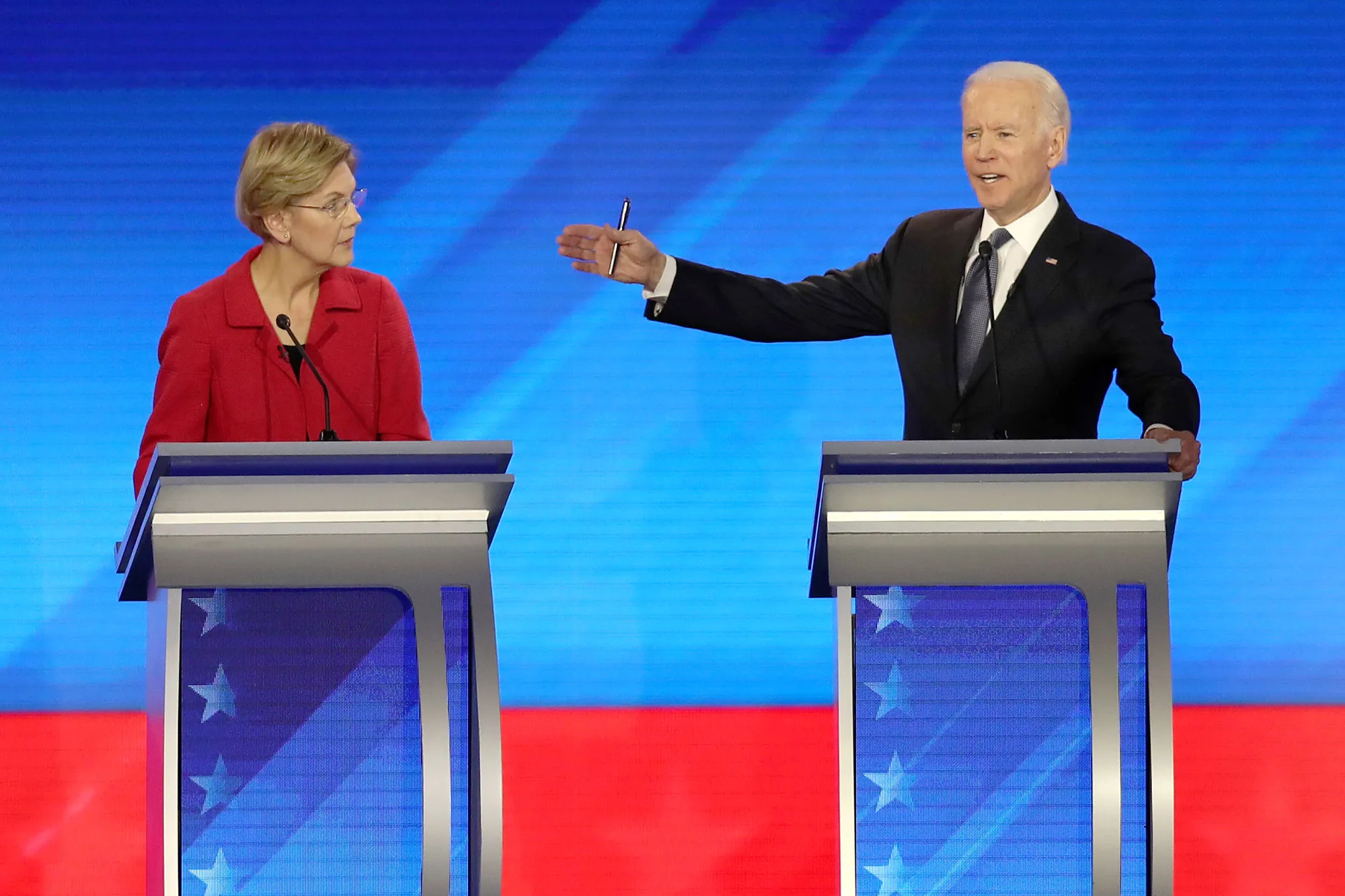 Elizabeth Warren&nbsp;and Joe Biden participate in the Democratic presidential primary debate on Feb.&nbsp;7