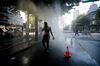 A temporary misting station set up by the fire department during a heat wave in Vancouver on June 28, 2021.