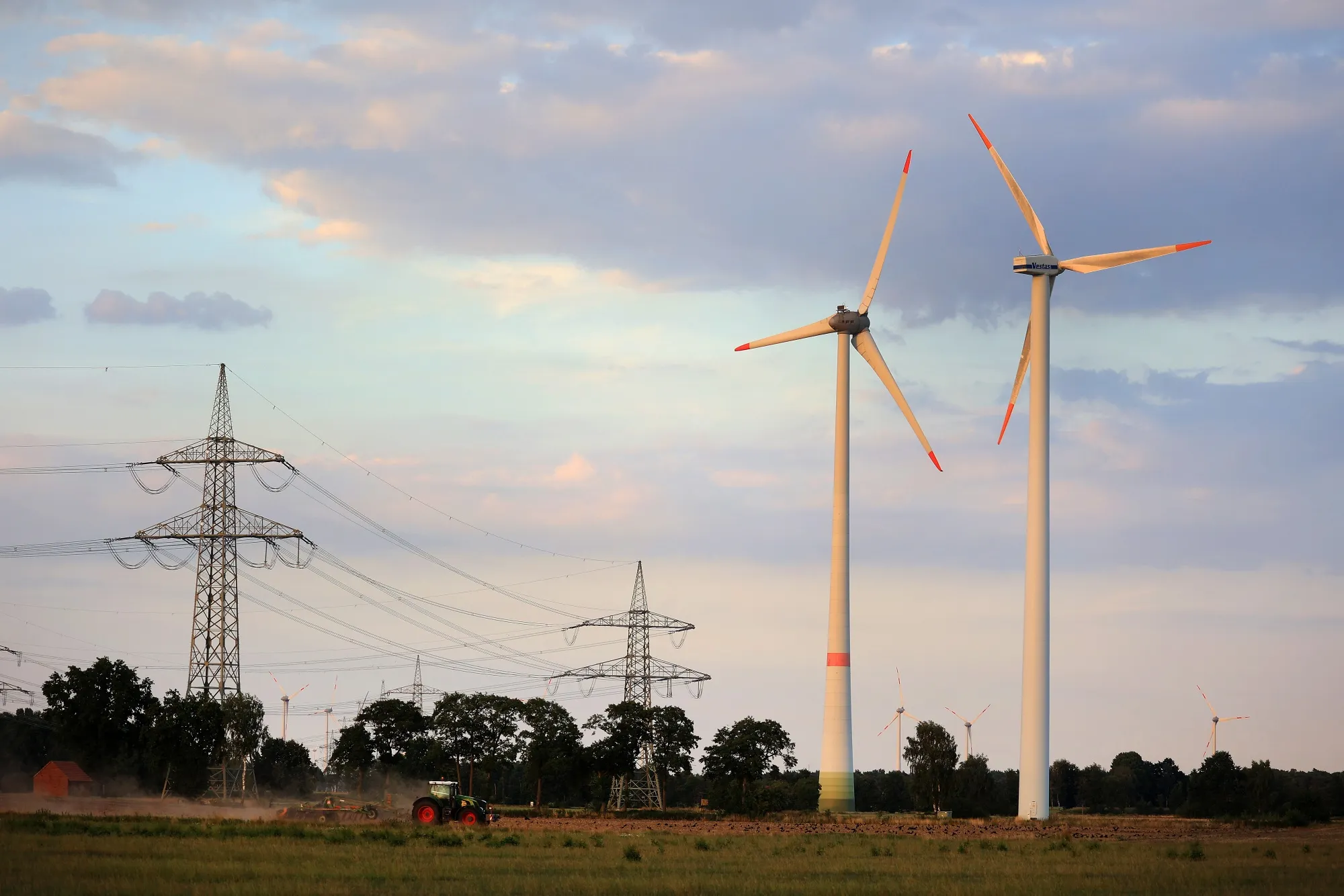 Wind turbines and power lines in Lower Saxony, Germany.