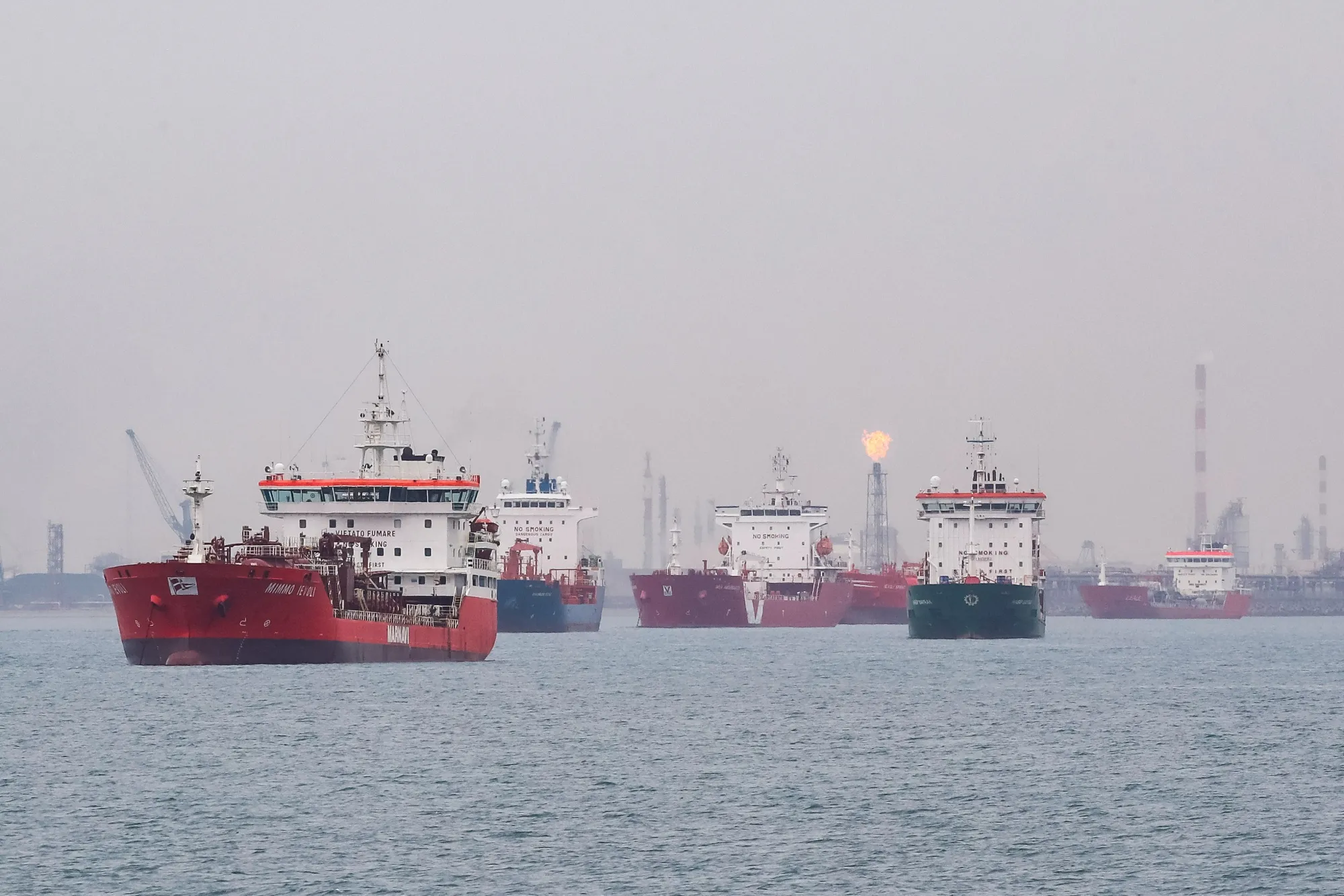 Oil tankers anchored in the waters off Port-de-Bouc, France.