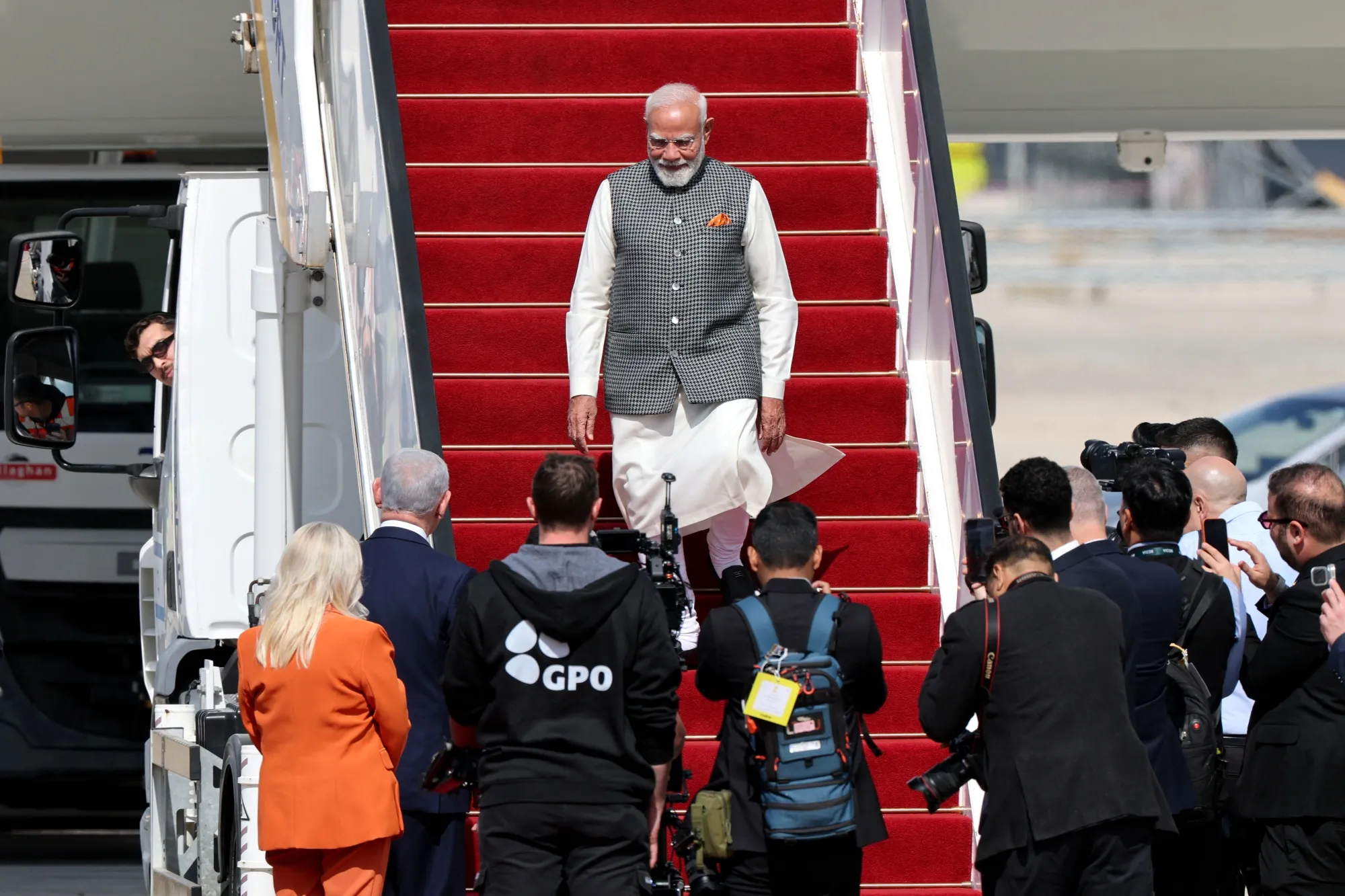 Benjamin Netanyahu greets Narendra Modi near Tel Aviv on Feb. 25.