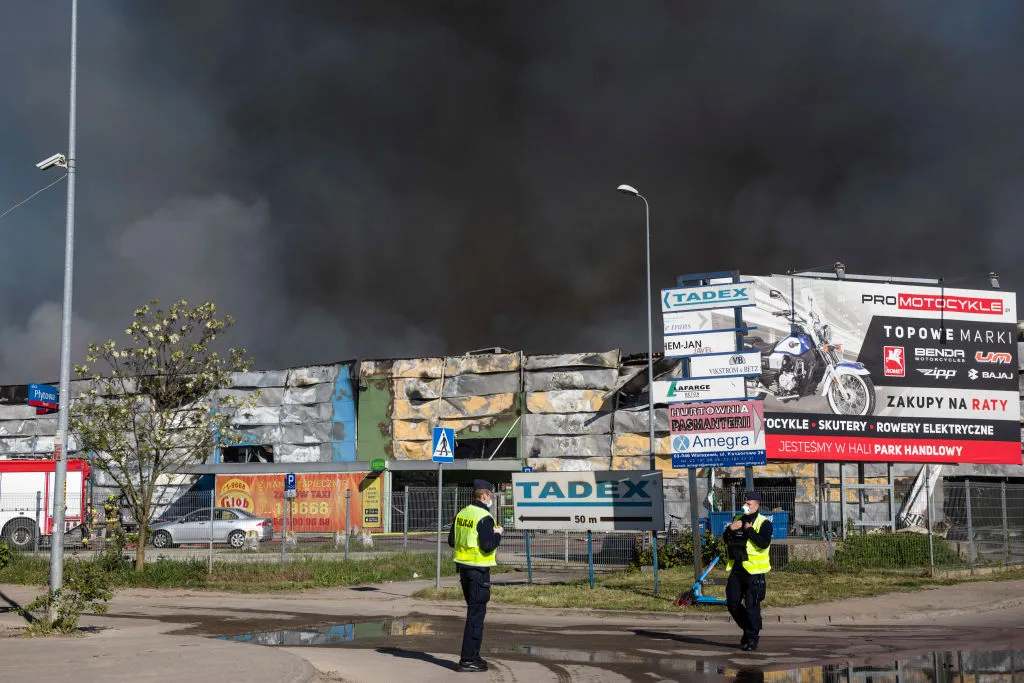 The burning Marywilska 44 shopping center in Warsaw.