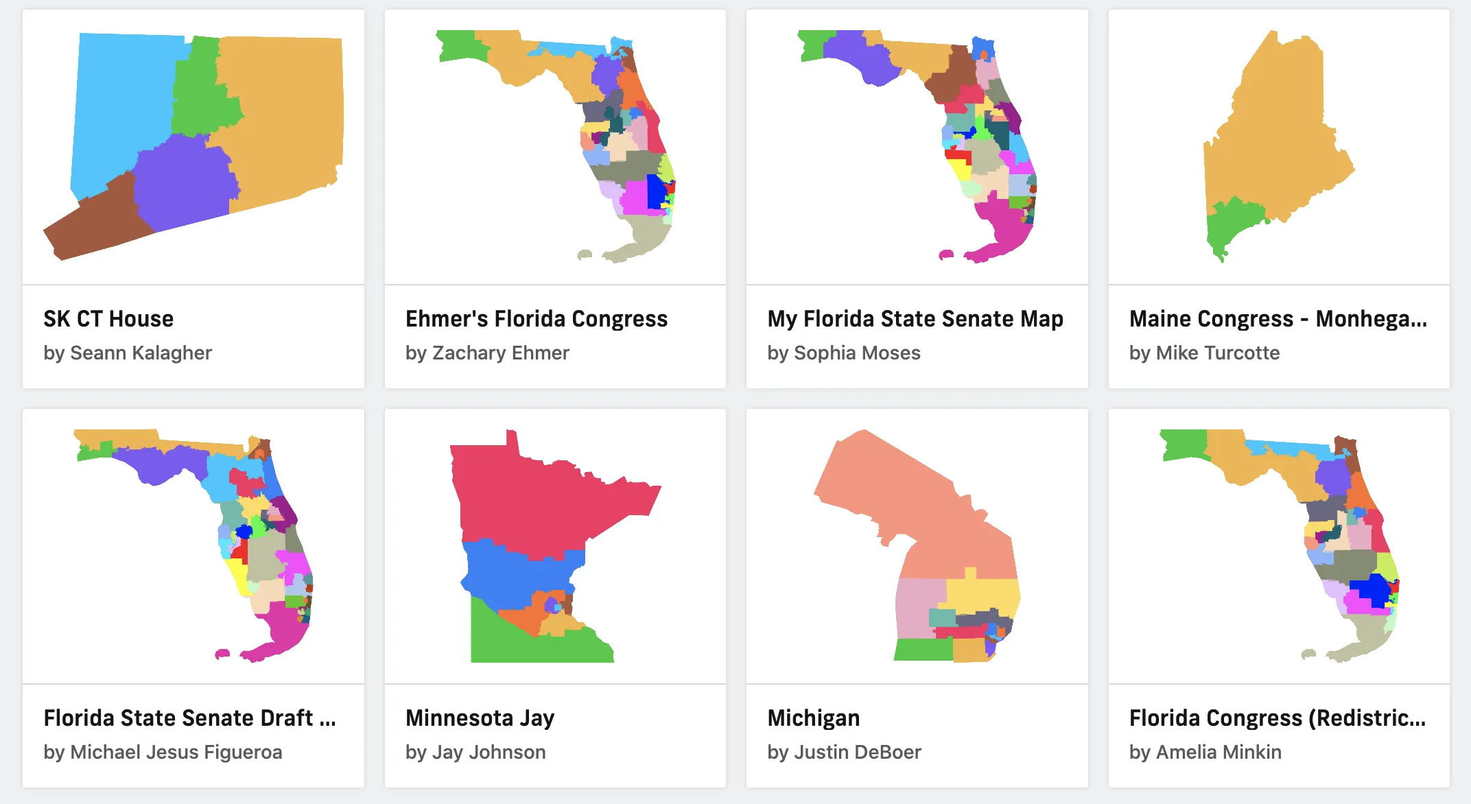 A selection of electoral district maps made by DistrictBuilder users.