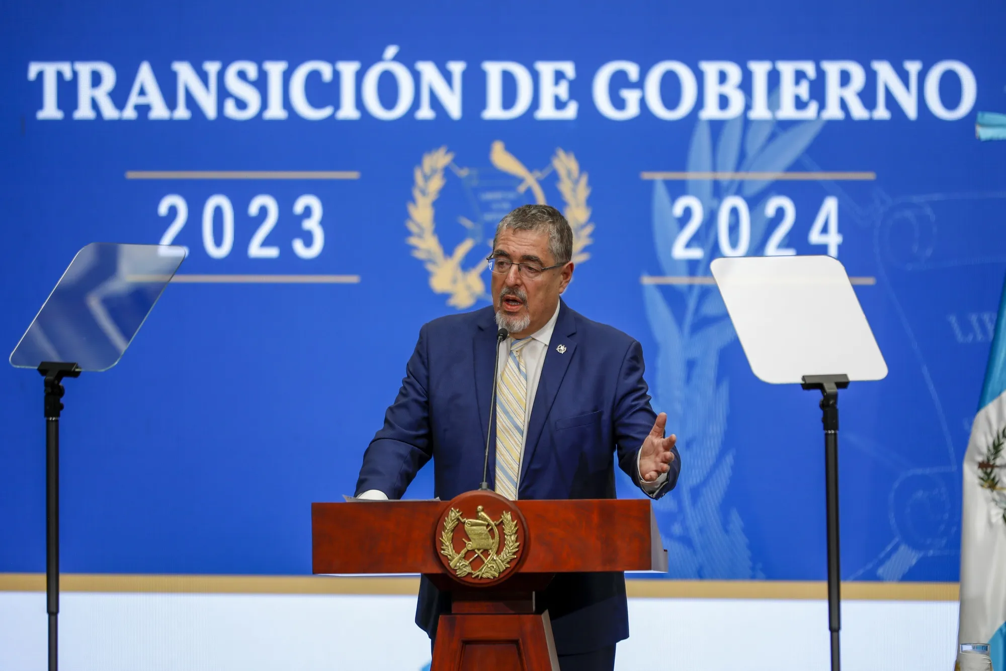 Bernardo Arévalo speaks at the National Palace in Guatemala City on Sept. 11.
