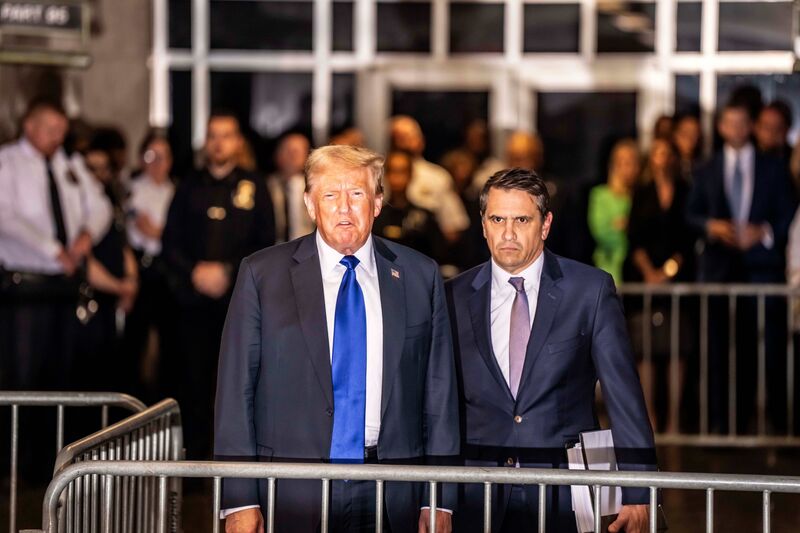 Former US President Donald Trump, center left, and Todd Blanche, attorney for former US President Donald Trump, center right, speak to members of the media after the verdict was read at Manhattan criminal court in New York, US, on Thursday, May 30, 2024. A New York jury found Donald Trump guilty of multiple felonies at his hush-money trial, making him the first former US president to be convicted of crimes.