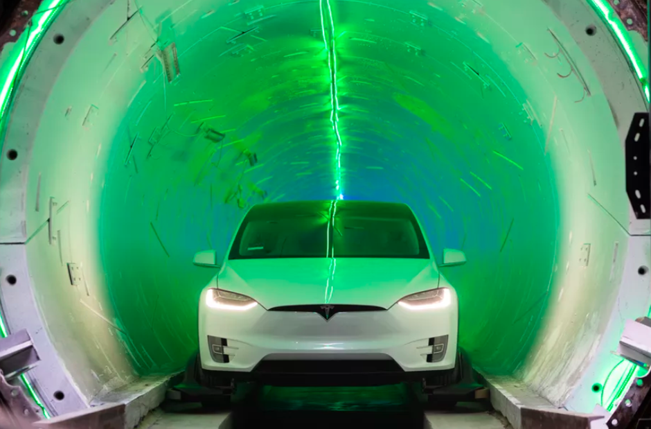 A Tesla Model X inside the Boring Company's demonstration tunnel in Los Angeles.