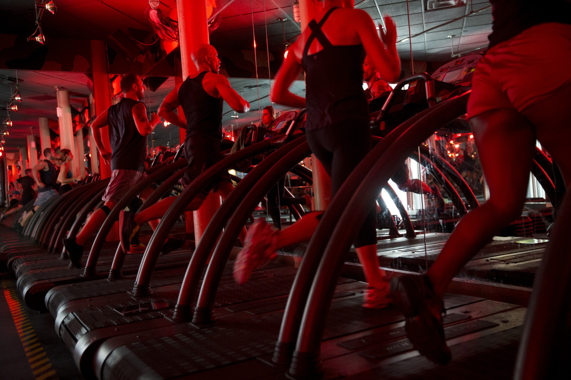 Clients exercise in a "Butt &amp; Legs" class led by Barry Jay, at the Chelsea location of Barry's Boot Camp in New York, U.S.