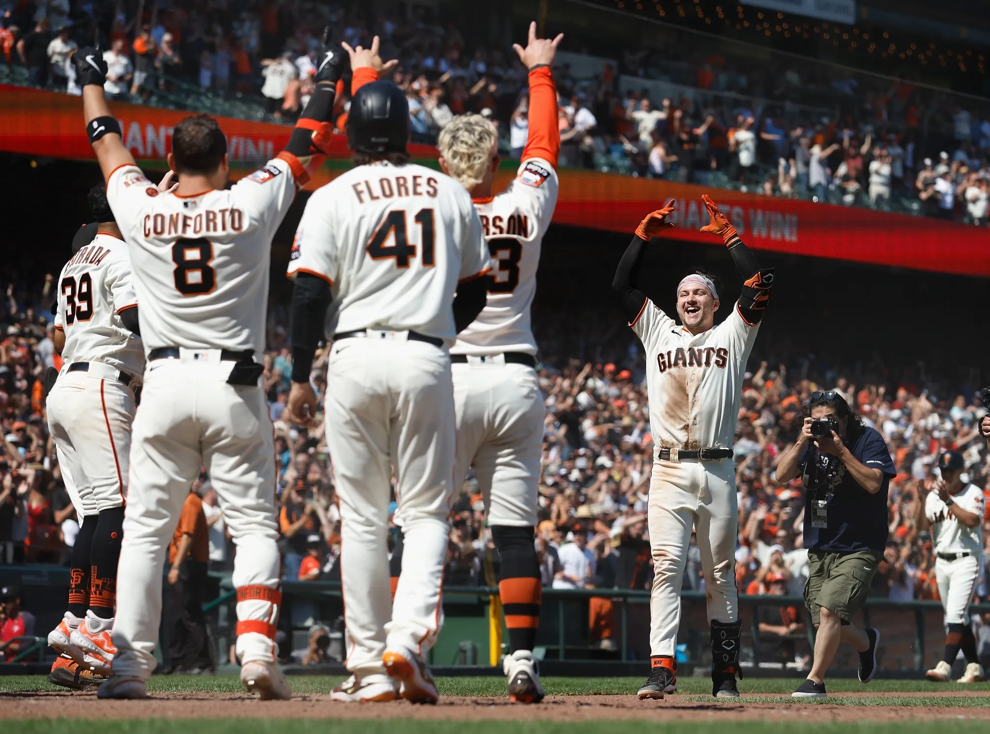 San Francisco Giants celebrate during a game&nbsp;against the Texas Rangers in San Francisco&nbsp;on August 13.