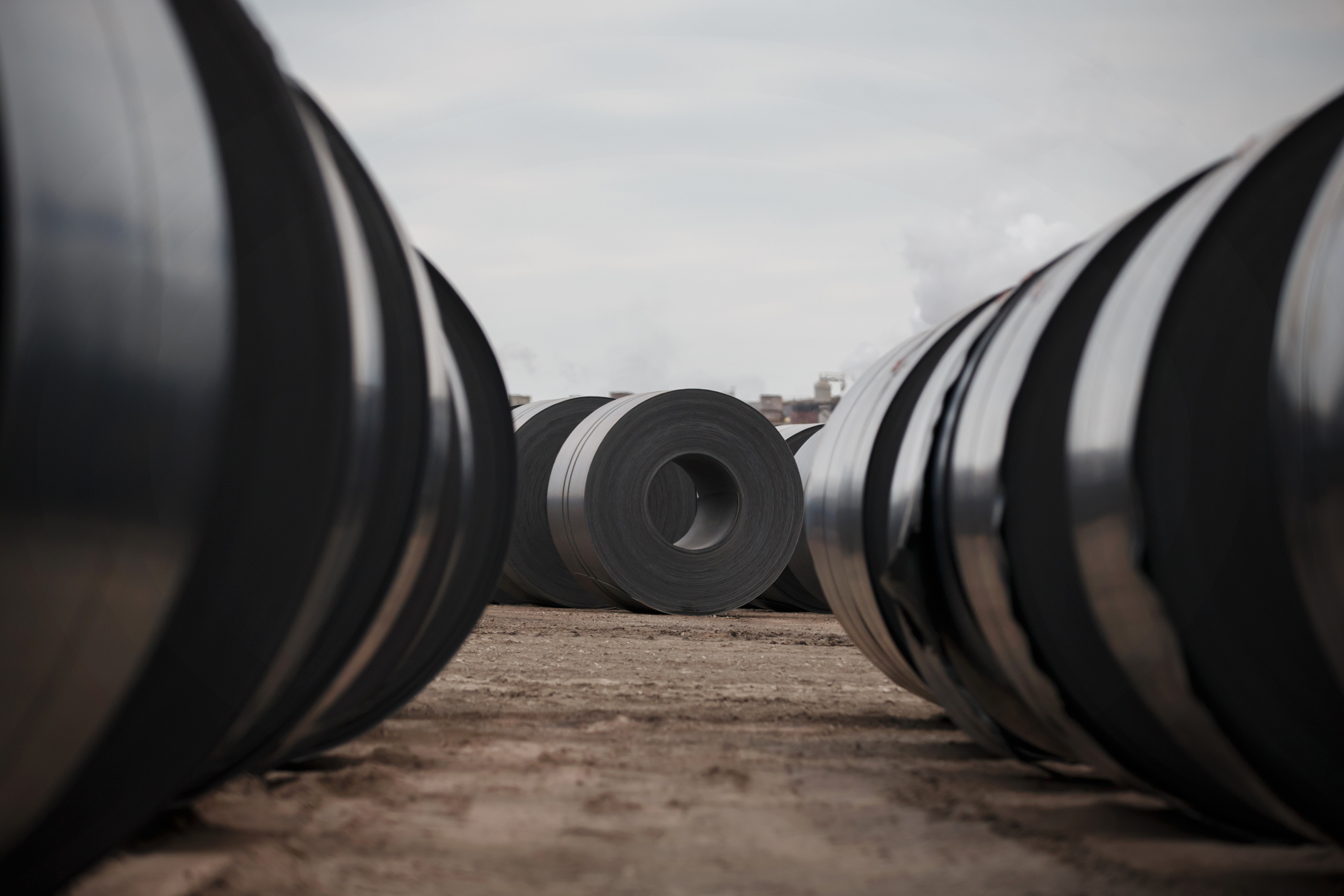 Steel coils sit to cool outside the Stelco&nbsp;Holdings Inc. plant in Nanticoke, Ontario, Canada