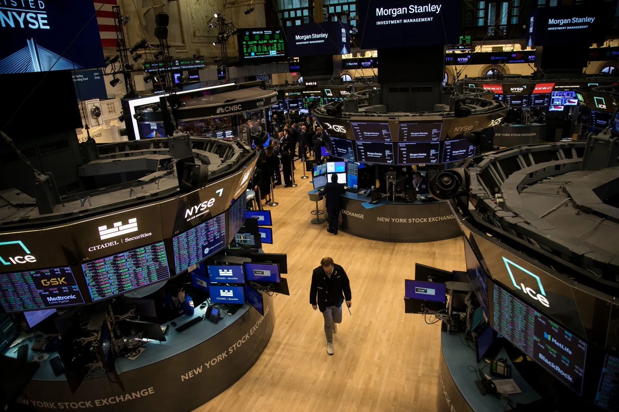 Traders work on the floor of the New York Stock Exchange.