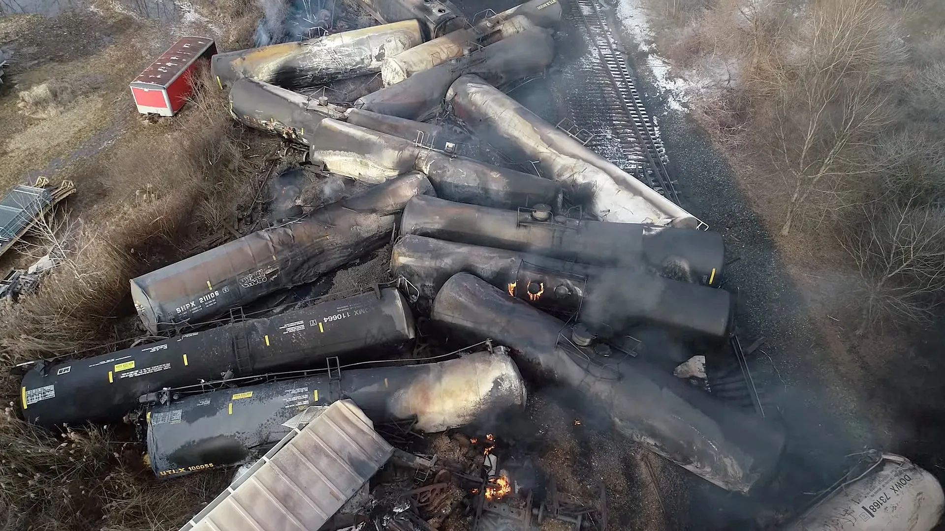 Drone footage shows the freight train derailment in East Palestine, Ohio, Feb.&nbsp;6, 2023.