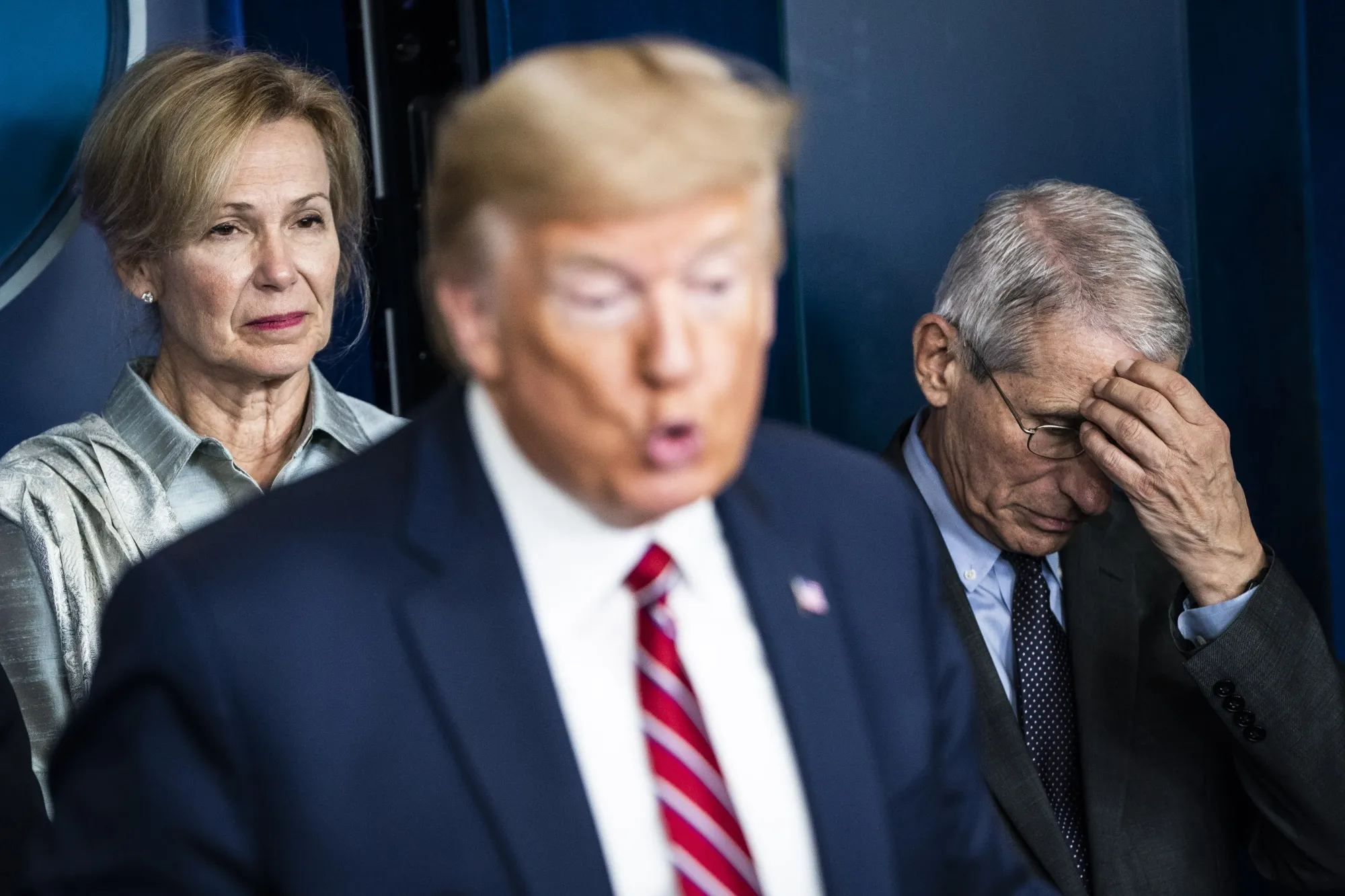 Deborah Birx, and Anthony Fauci listen as Donald Trump speaks during a coronavirus task force&nbsp;briefing at the White House on March 20.