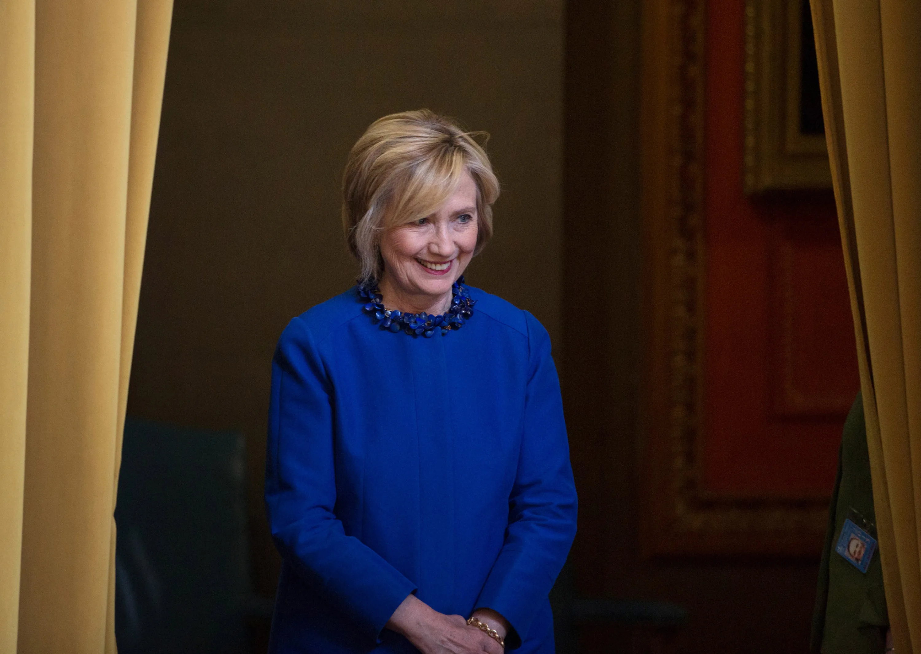 NEW YORK, NY - APRIL 29: Presidential candidate Hillary Rodham Clinton waited backstage before taking the stage during the David Dinkins Leadership and Public Policy Forum at Columbia University in Manhattan, NY April 29, 2015.
