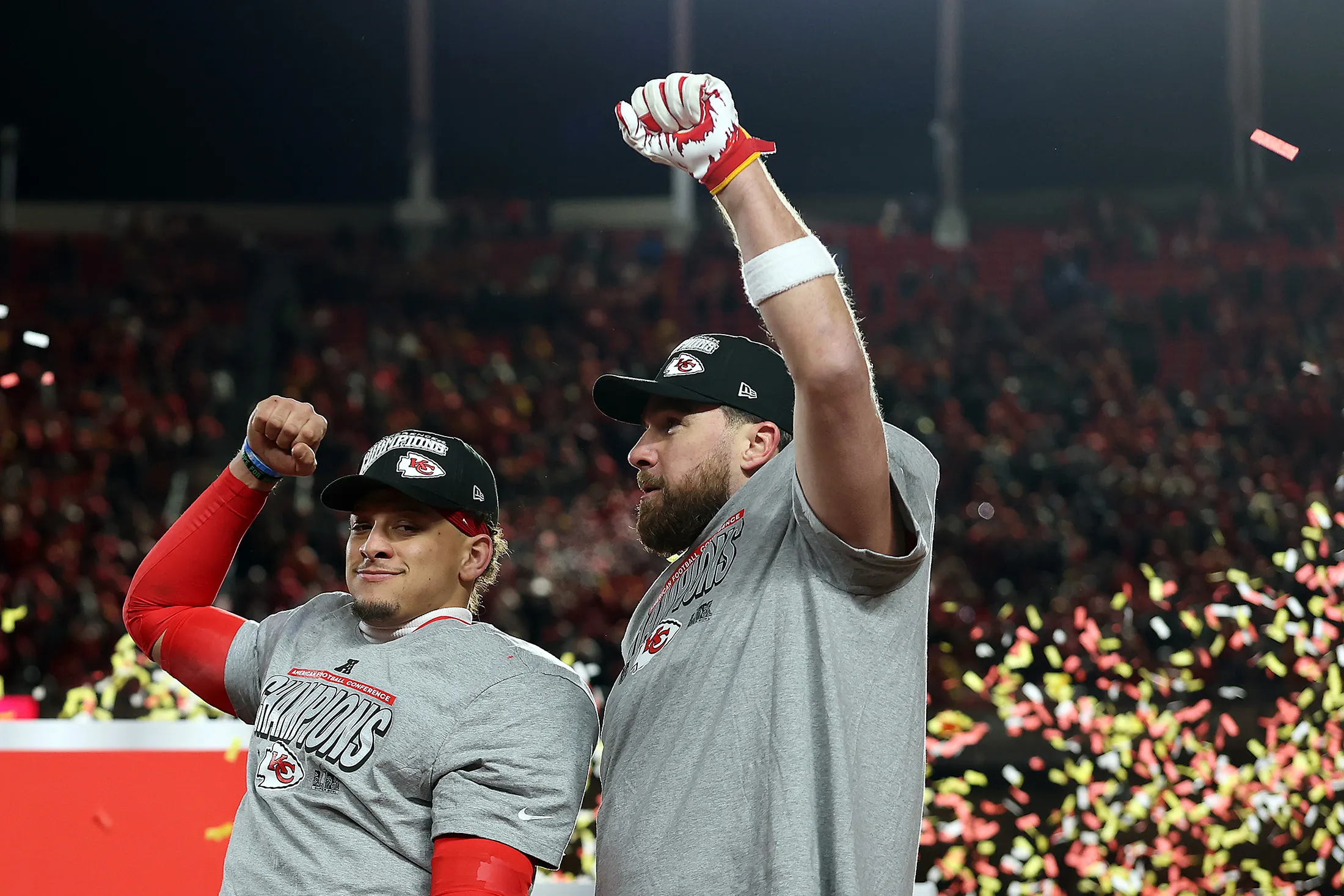 Patrick Mahomes, left, and Travis Kelce of the Kansas City Chiefs celebrate after defeating the Buffalo Bills to win the AFC Championship Game at Arrowhead Stadium in Kansas City, Missouri, on Jan. 26.